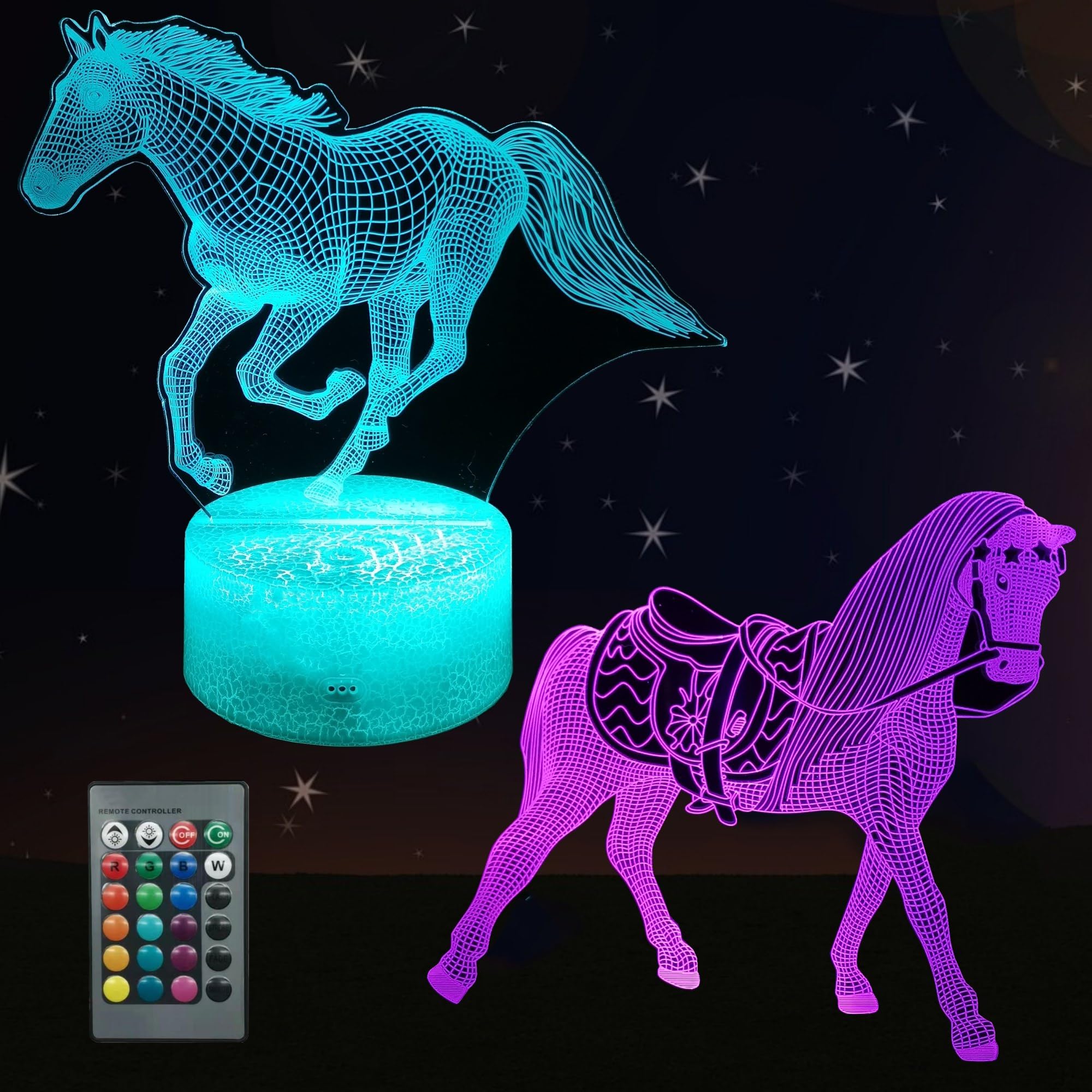 Horse Night Light for Girl Kids Bedroom, 3D Illusion Lamp 2 Patterns 16 Colors Changing Dimmable Room Decor, Touch & Remote Control, Birthday Christmas Gift Toy Boys Toddler Teenage
