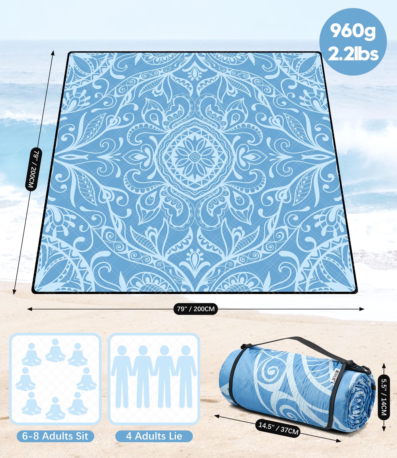 DEWUR Couverture de Pique-Nique imperméable et Pliable Extra Large pour Plage, Camping, pelouse, Parc - 200 x 200cm (Feuilles Bleues)