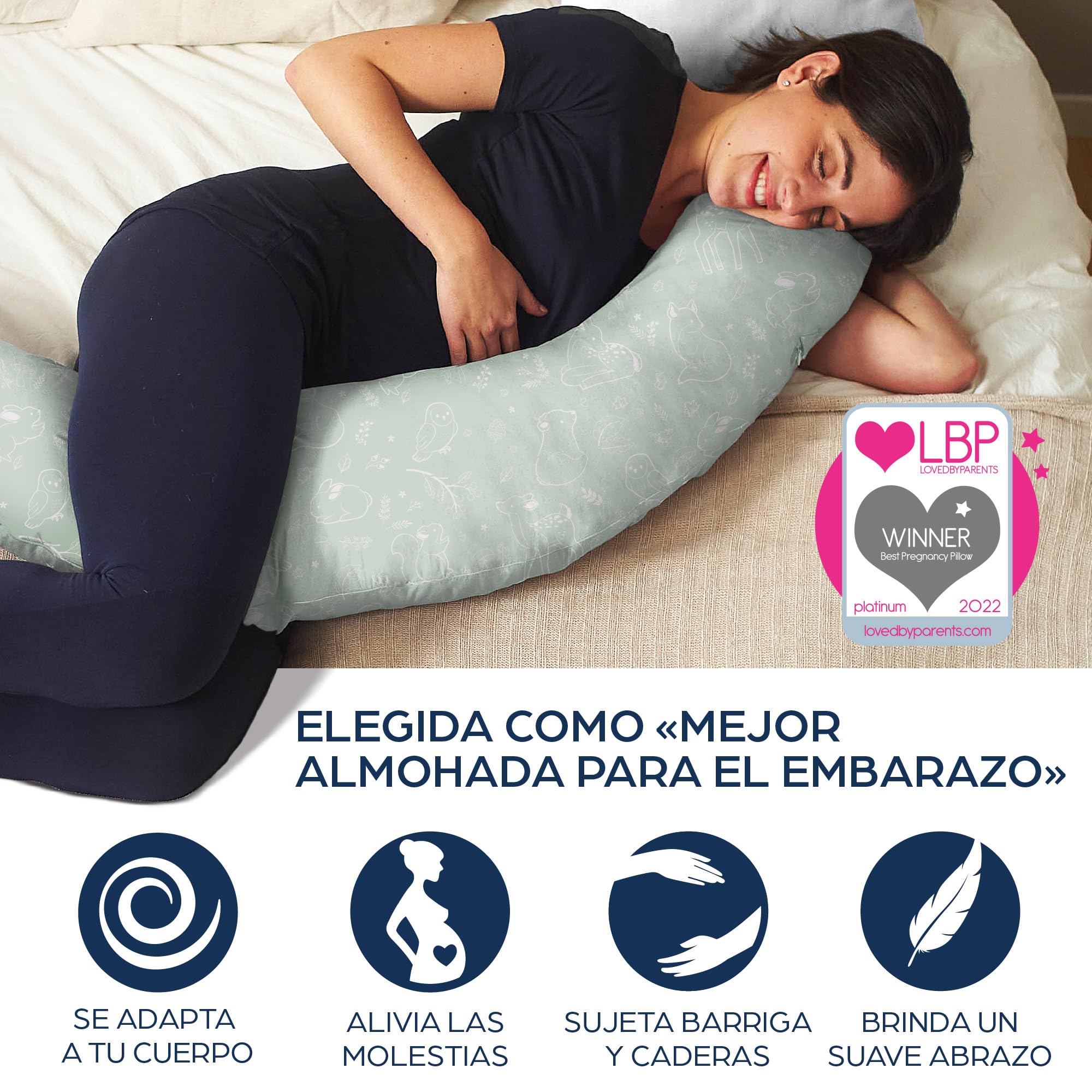 Niimo Cojín Embarazada XXL - Ganador del Doble Platino 2022, Cojín Embarazada y Cojín Lactancia Bebé con Funda 100% de Algodón, Almohada Embarazada Dormir, Lavable Relleno de Poliester