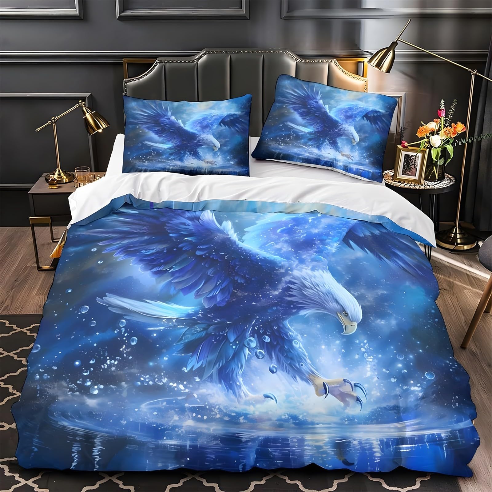 Ypthriline Super King Duvets Set Eagle Bedding Set Microfiber Blue Duvet Covers with Pillowcases Reversible Bedding With Zipper Closure 260x220CM