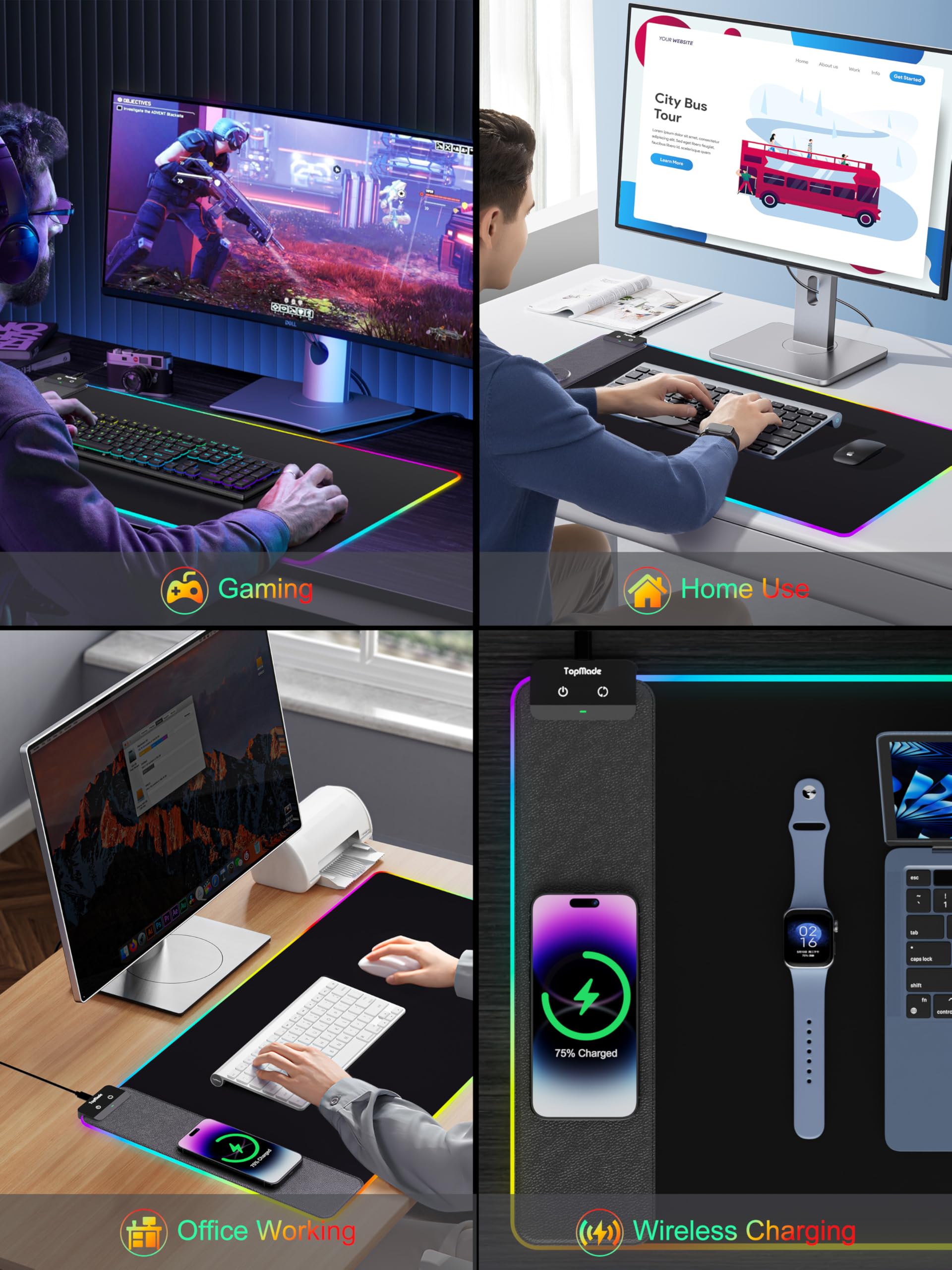 TopMade - Alfombrilla de mouse de carga inalámbrica, para juegos RGB, para oficina en casa, con 13 modos de luz, superficie ultra húmeda, base de goma antideslizante, alfombrilla de computadora para