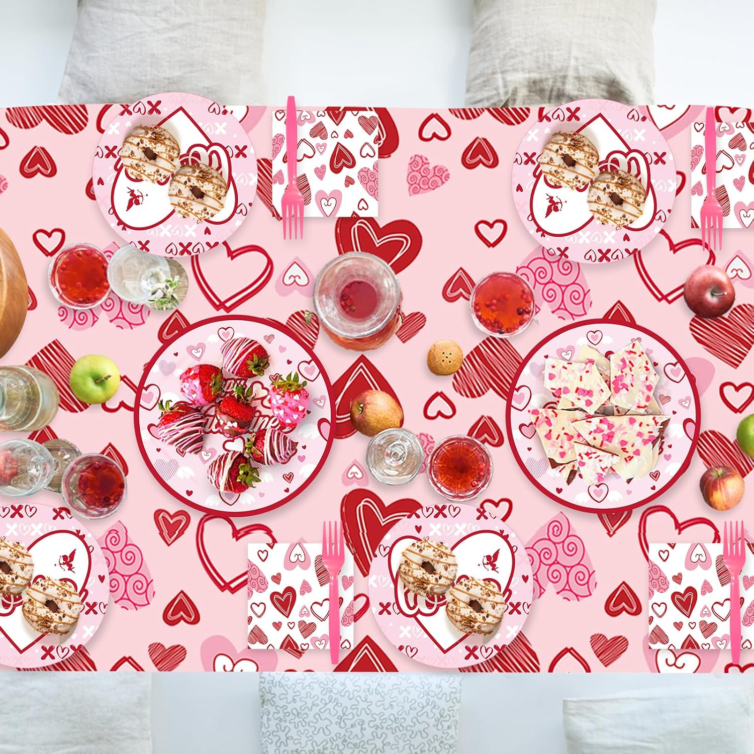 122PCS Valentine's Day Party Supplies Pink Heart Paper Plates Napkins Banner Tablecloth Tableware Set for Valentine's Day Party Decorations Serves 24