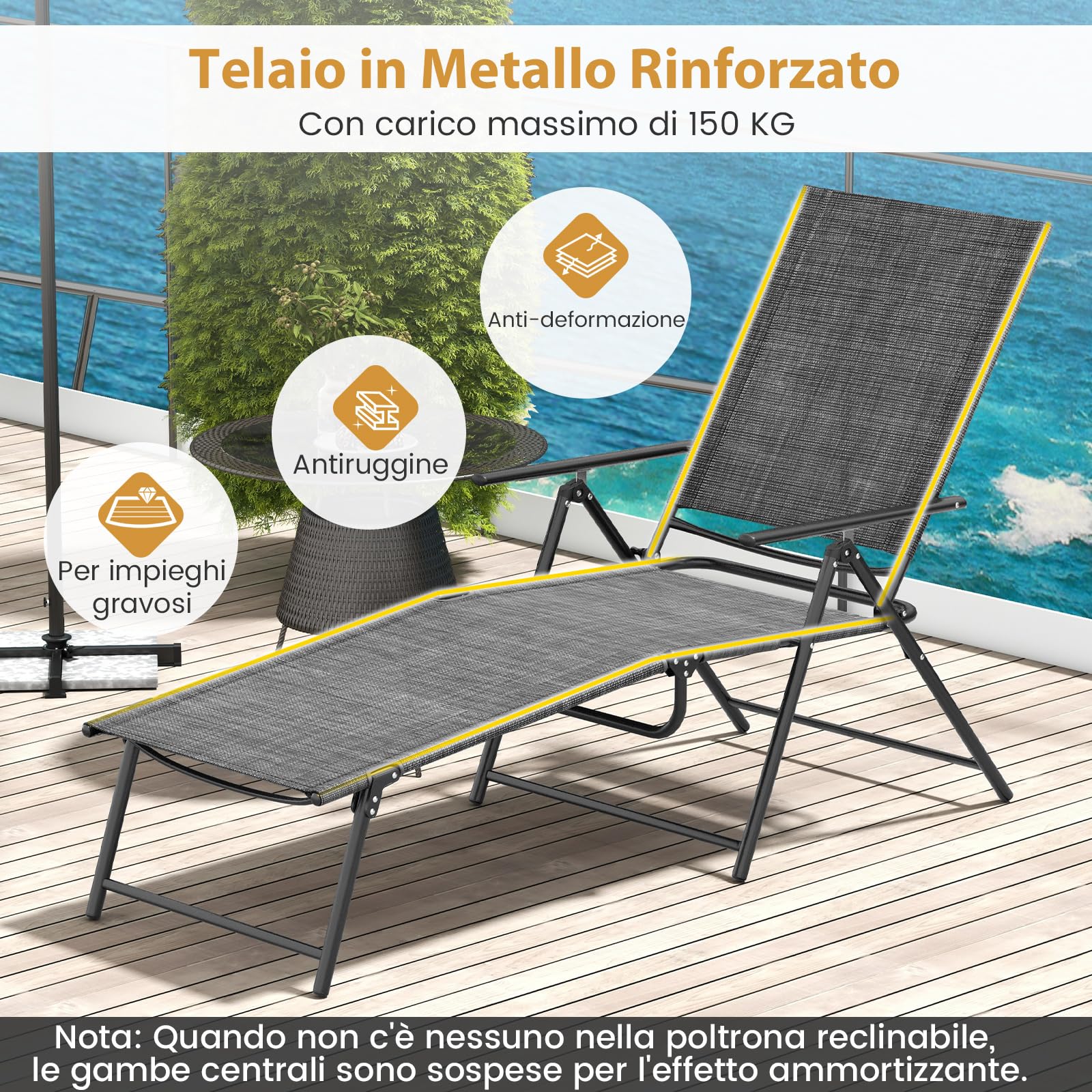 COSTWAY Set di 2 Lettini Prendisole da Giardino, Sdraio Pieghevoli con Schienale e Poggiapiedi Regolabili, in Tessuto Textilene con Braccioli, per Terrazza e Piscina, Portata 150 kg (Grigio)