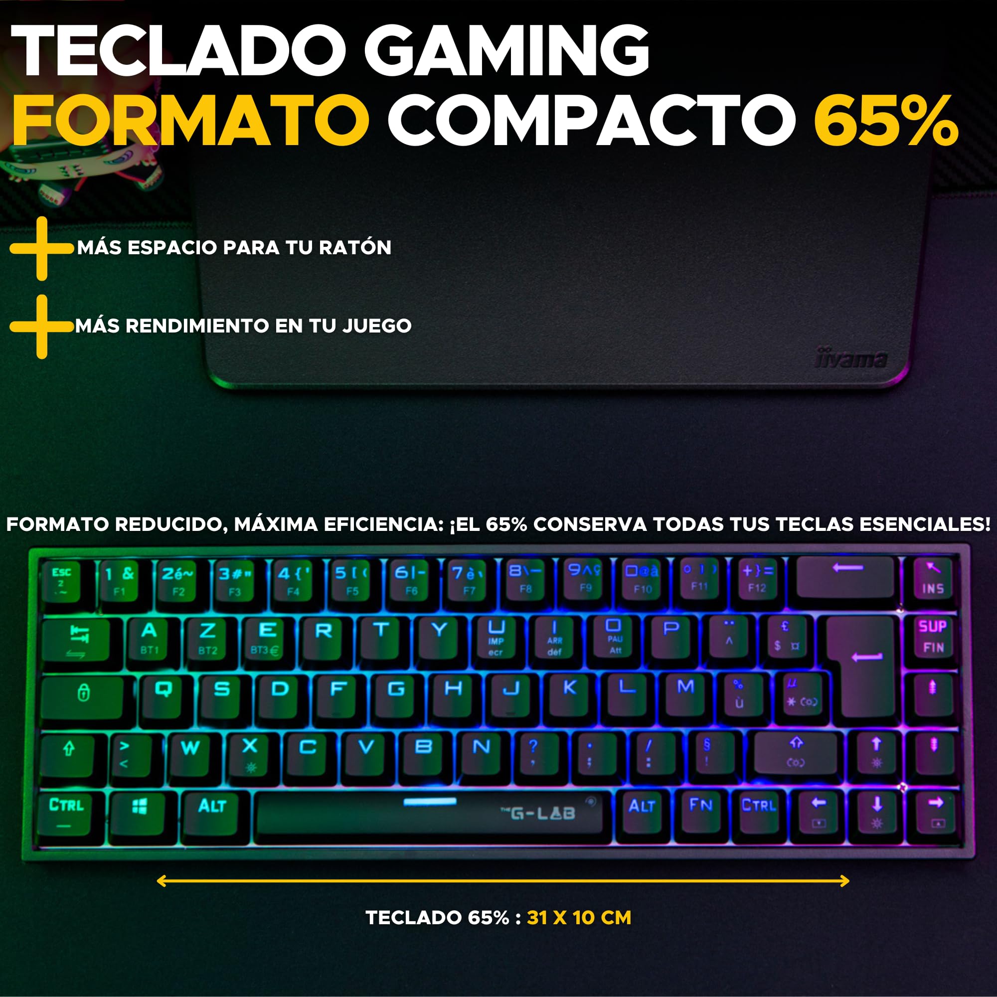 The G-Lab Keyz Titanium - Teclado Mecánico Gaming 65% Negro QWERTY ES | Con Cable USB, Formato 65%, Switch Rojo, RGB Personalizable, Anti-Ghosting, Macros, Negro