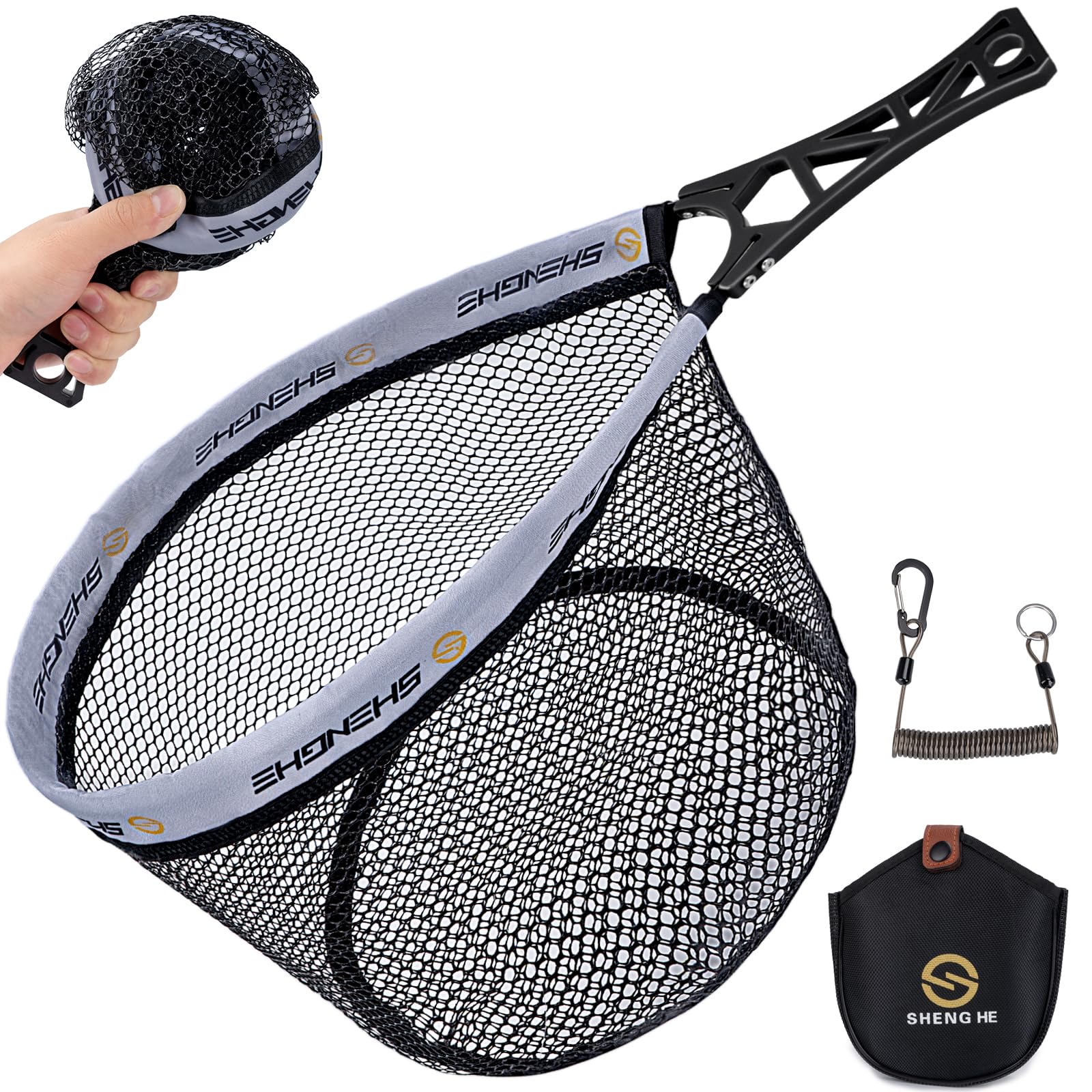 THKFISH Fly Fishing Net, Foldable Trout Fishing Net Freshwater Fishing Nets with Soft Rubber Mesh for Catch and Release,with Magnetic Release and Organizer Bag (M)
