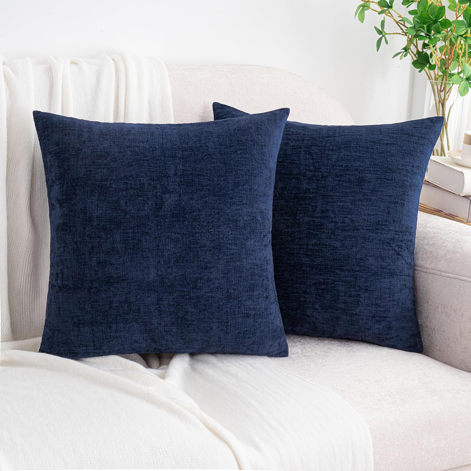 HWY 50 Couch Throw Pillow Covers Decorative 20x20 Inch Pack of 2 Soft Chenille Solid Navy Blue Farmhouse Cushion Cases for Sofa Living Room Bed 20" x 20" (Pack of 2) Navy Blue