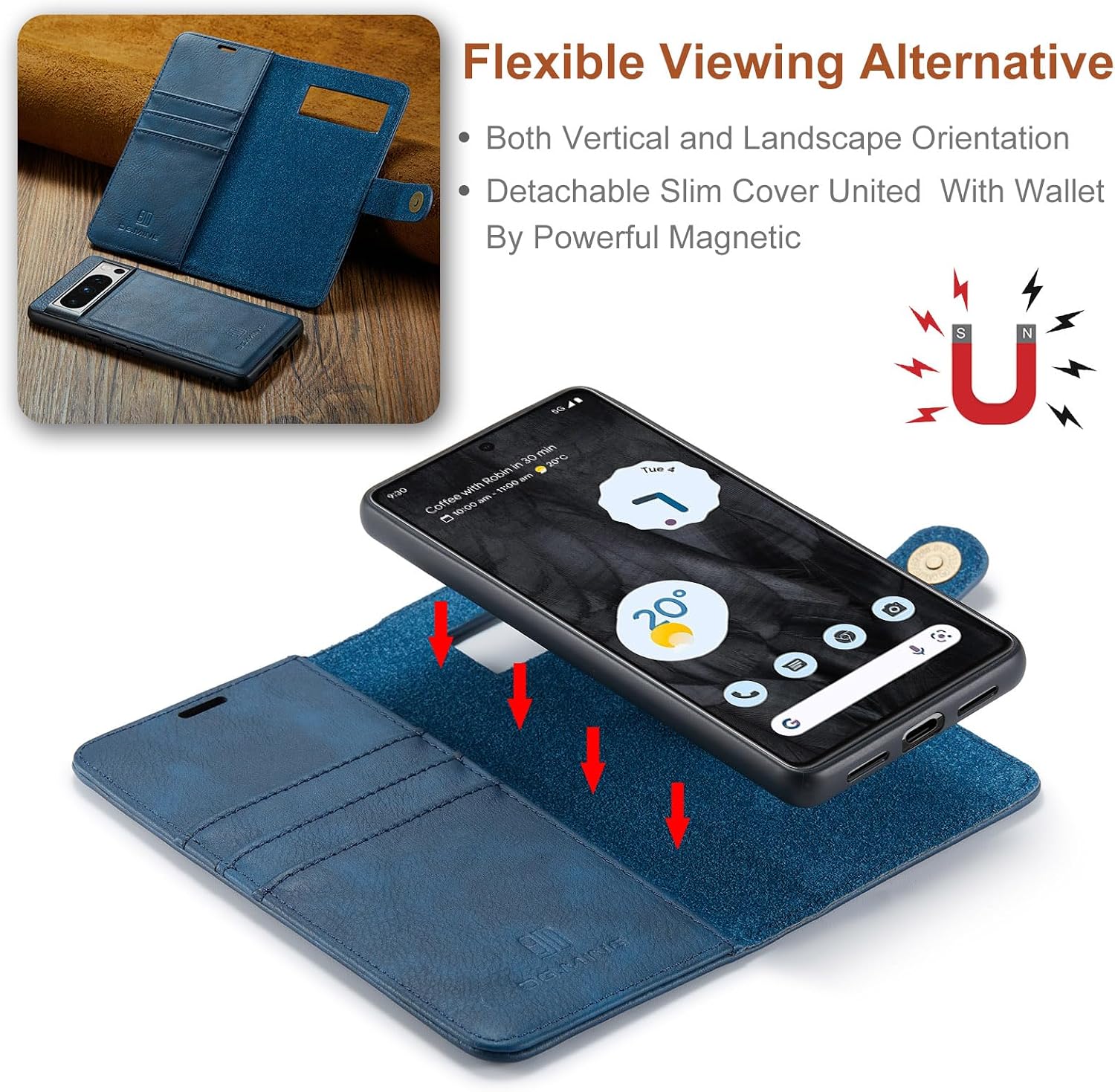 Detachable 2 in 1 Split Magnetic Flip Folio Wallet Case Compatible with Google Pixel 8 Pro Genuine Leather Phone Case with 3 Card Holder Slots Kickstand Shockproof Cover(Blue)
