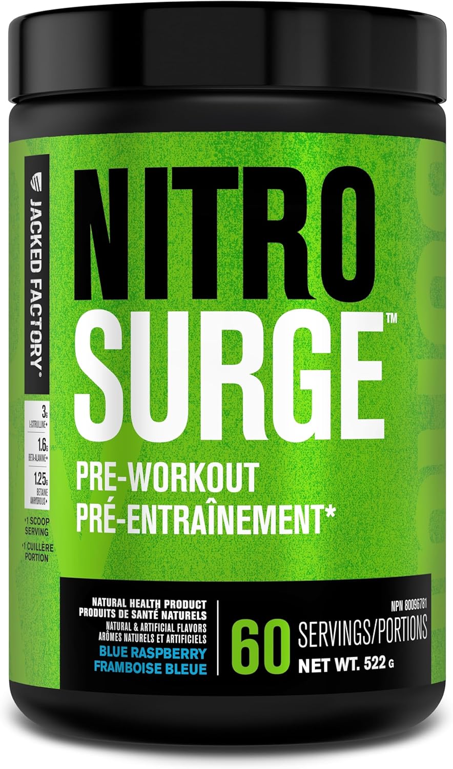 NITROSURGE Pre Workout Supplement - Endless Energy, Instant Strength Gains, Clear Focus, Intense Pumps - Nitric Oxide Booster & Powerful Preworkout Energy Powder - 60 Servings, Blue Raspberry