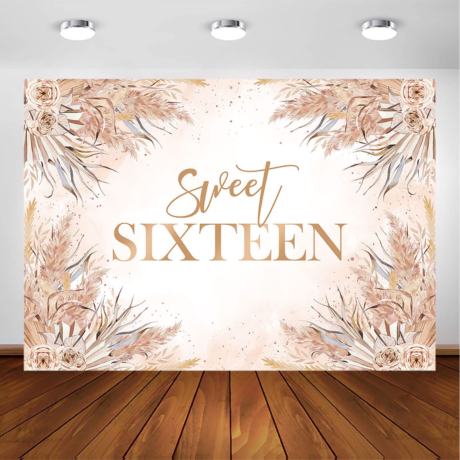 Avezano Boho Vinyl Fabric Birthday Backdrop, Beige, 7x5ft, Bohemian Pampas Grass Decoration for Sweet Sixteen Photoshoot