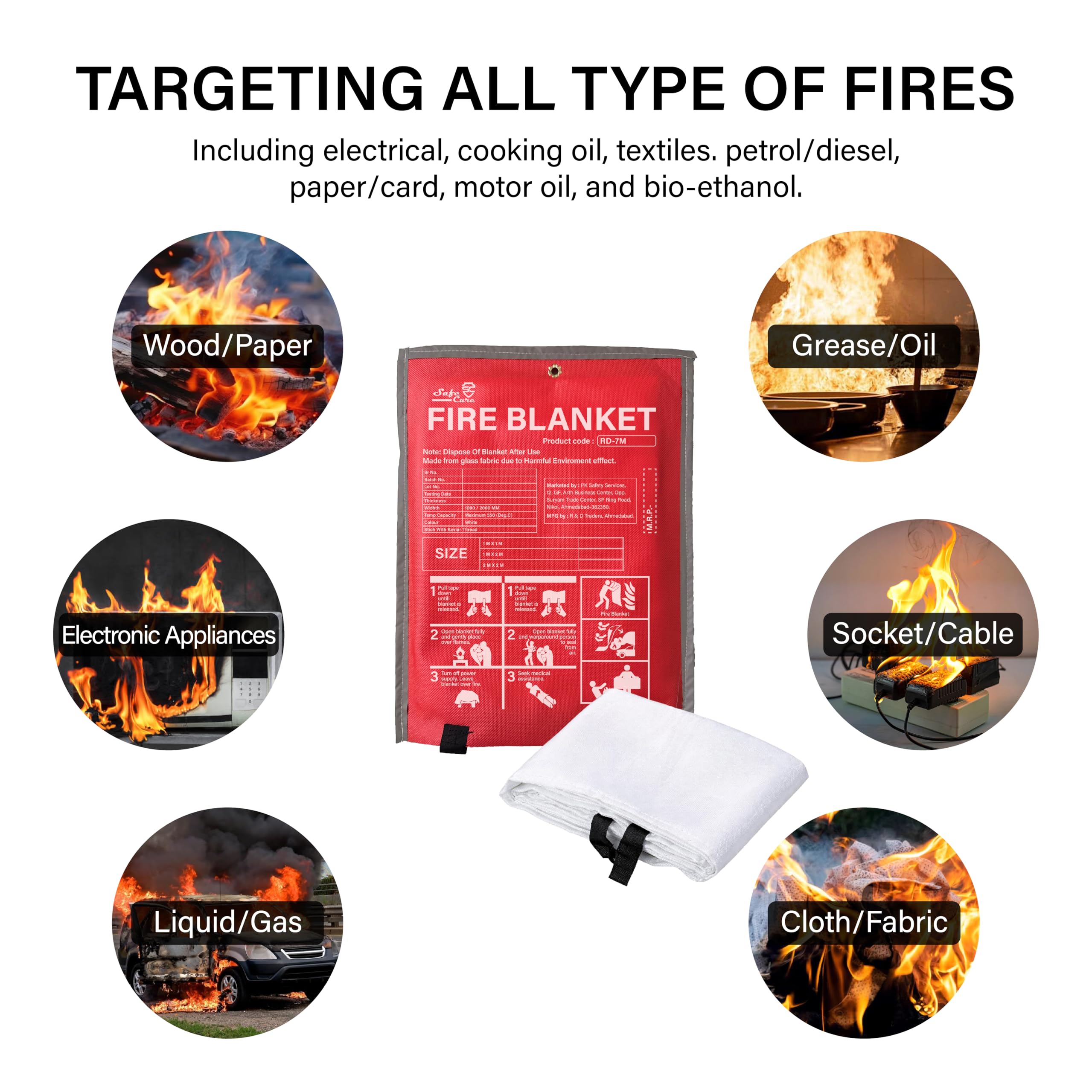 Safe Cure - Emergency Fire Blanket | Survival Fiberglass, Flame Retardant, Protection Fire Blanket | Shelter Safety Cover for The Kitchen, Fireplace, Grill, Car, Camping | 1X2 Mtr | Pack of 1 2