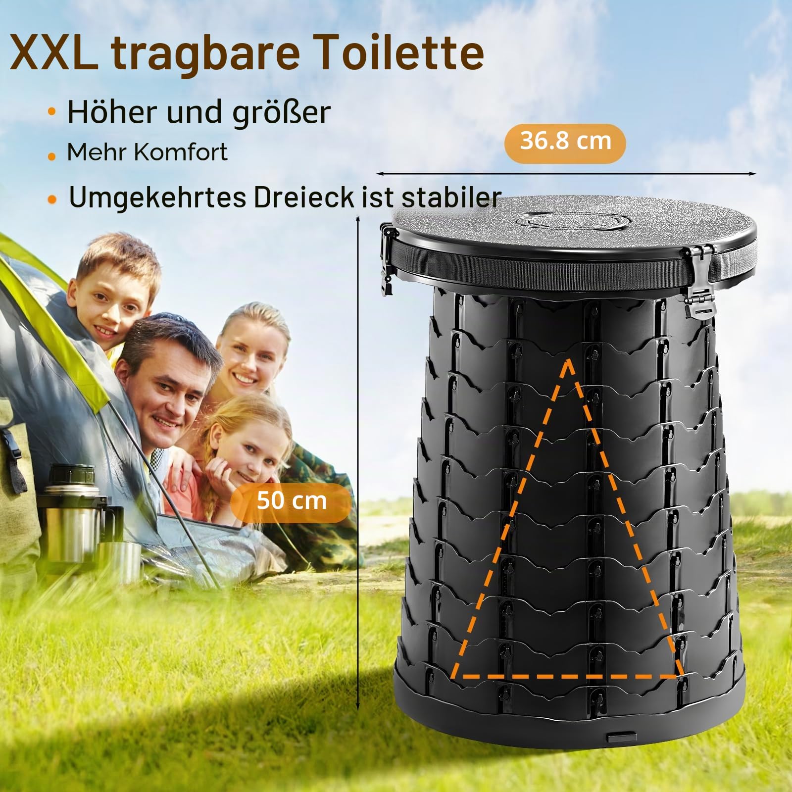XXL Tragbare Toilette für Camping, 50 cm Höhe, tragbare Campingtoilette für Erwachsene, Upgrade Reisetöpfchen im Auto, Gepäck-Klo im Freien