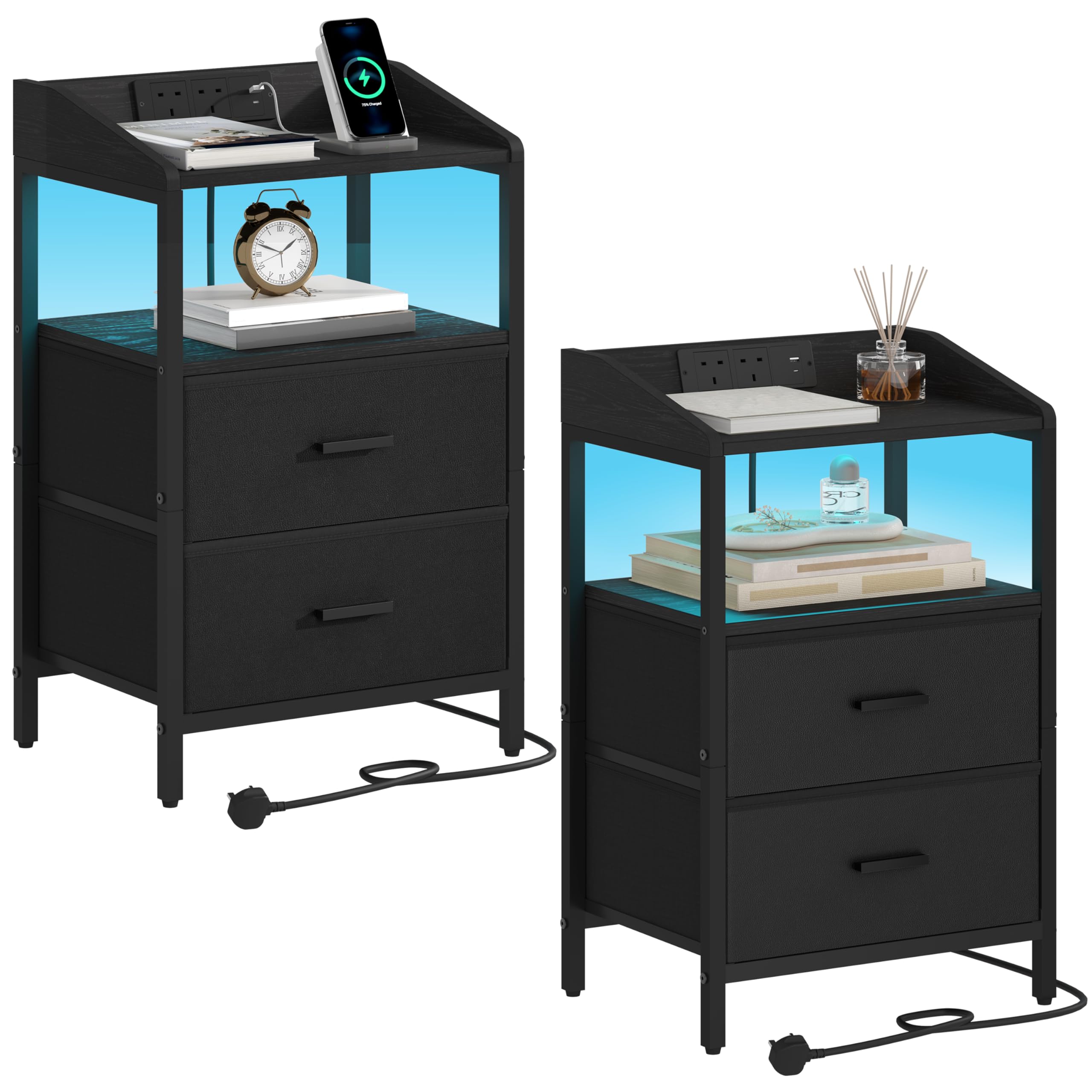 Hzuaneri Bedside Tables Set of 2 with LED Lights and Charging Station, Bedside Cabinet with 2 Fabric Storage Drawers, Nightstand with USB Ports & TypeC for Bedroom, Livingroom, Black NS36204B