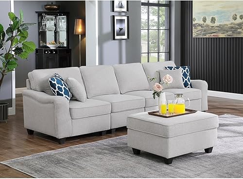 Miniatura 4 de Lilola Home Leo - Sofá de 5 plazas de lino gris oscuro y otomano color gris claro