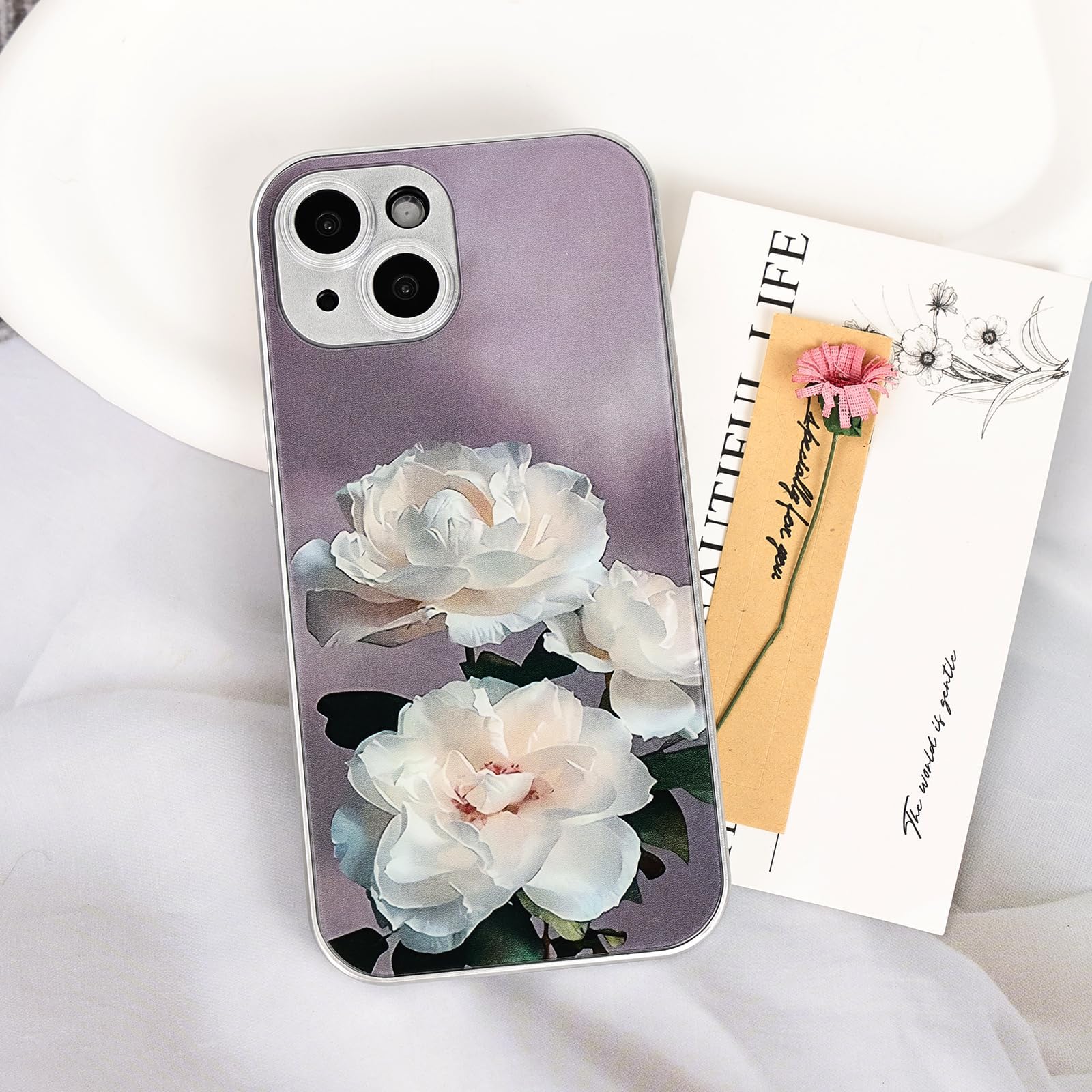 Compatible with iPhone 14 Case Drop-Resistant Phone Case with Gray Mist Camellia Tempered Glass Phone Cover for Women