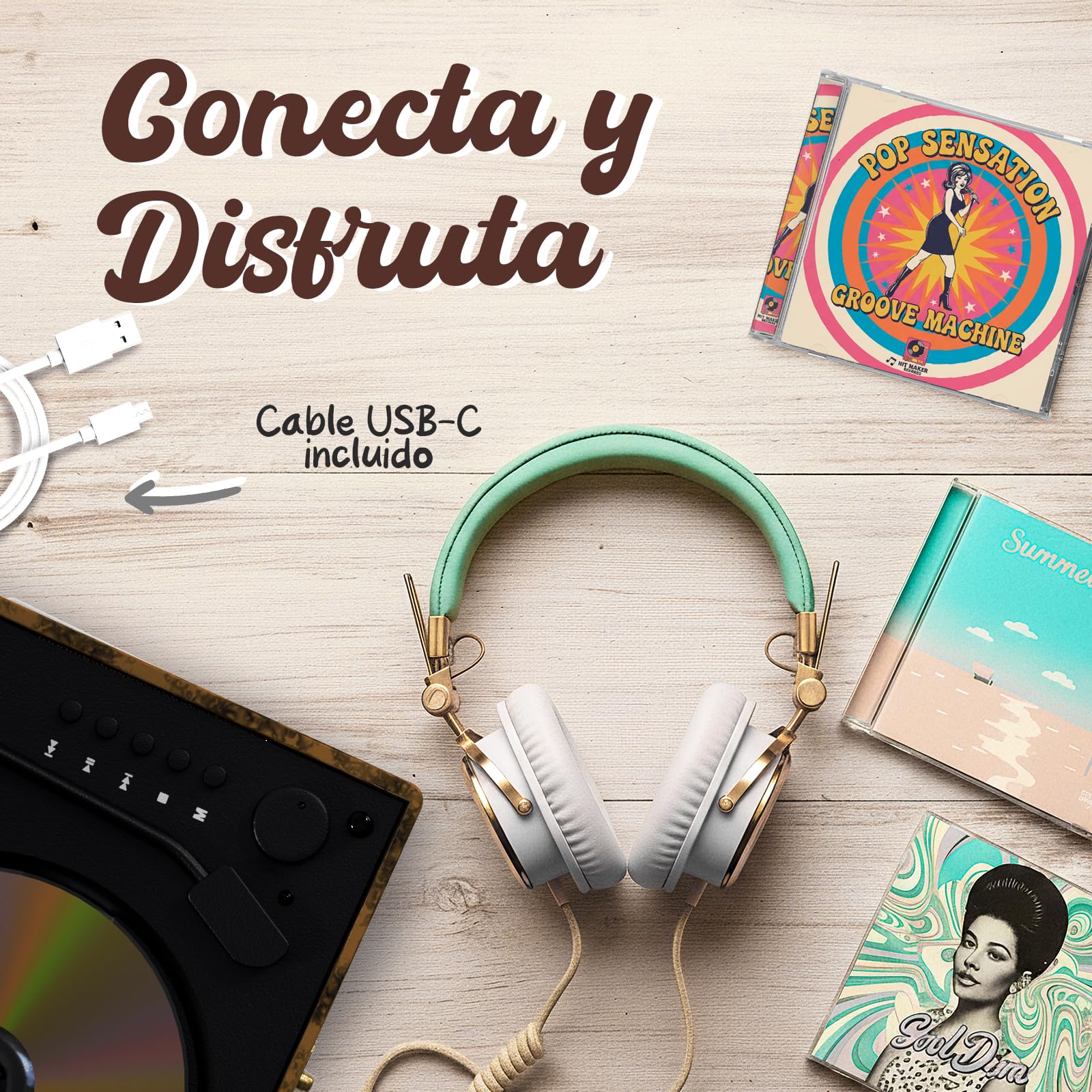 KLIM Retro CD Player – Reproductor CD portátil con Altavoces, Receptor Bluetooth, AUX, USB, Batería Recargable, Diseño Retro, Mini Cadena Compacta para Casa y Música – Madera