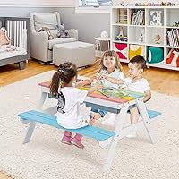 Vista 2 de HONEY JOY Mesa de picnic para niños, mesa de madera de cedro 4 en 1 para arena y agua con 2 cajas extraíbles y paraguas, mesas de picnic para niños