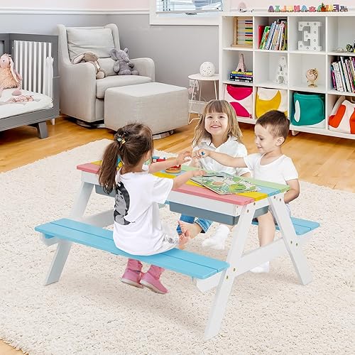 Miniatura 2 de HONEY JOY Mesa de picnic para niños, mesa de madera de cedro 4 en 1 para arena y agua con 2 cajas extraíbles y paraguas, mesas de picnic para niños