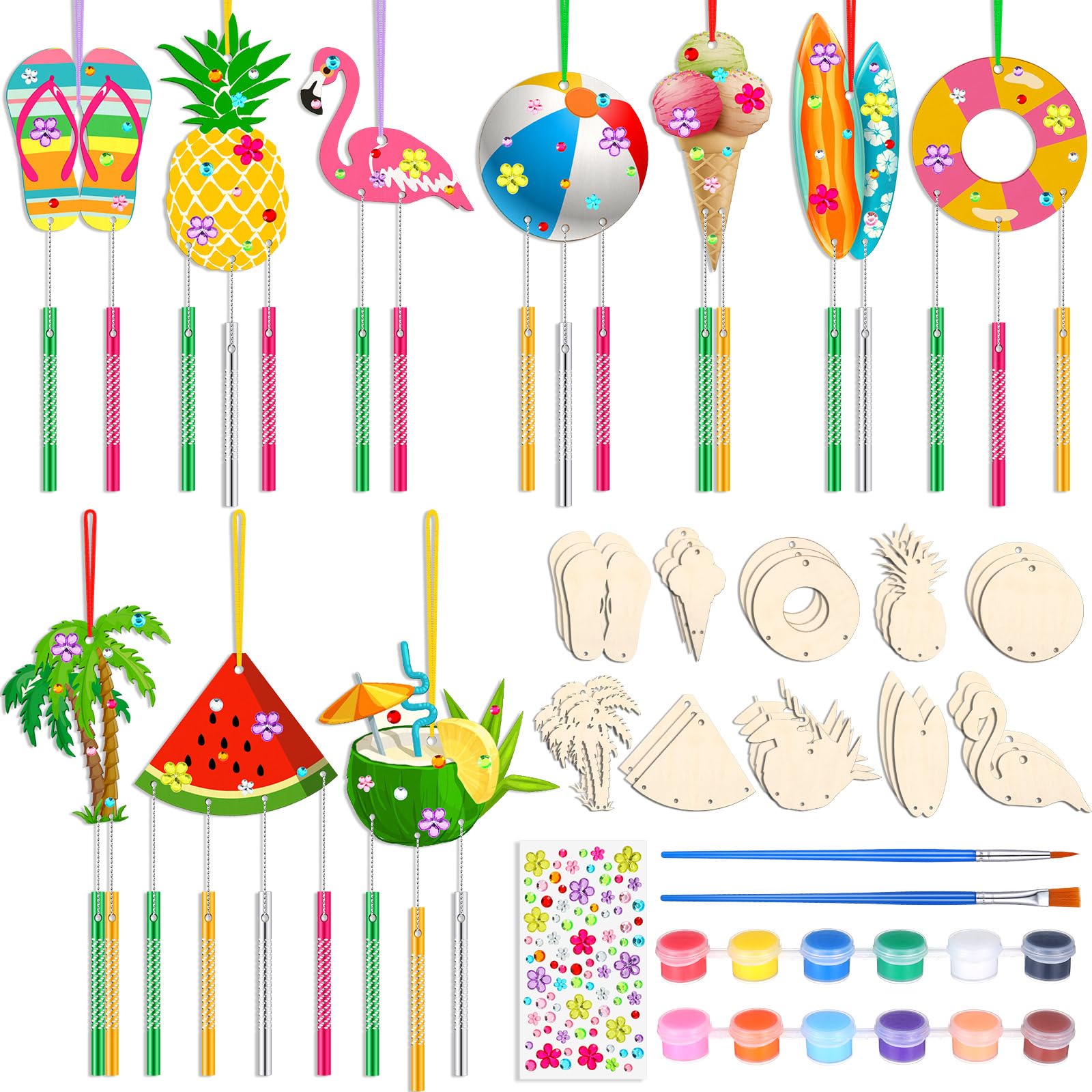JellyArch 30 Pack Summer Wind Chime Making Kit for Adults Make Your Own Summer Wind Chime Beach Wooden Ornaments for DIY Crafts Activity Birthday