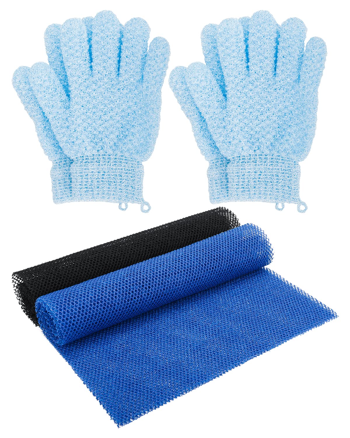 African Net Sponge Exfoliating Gloves Set, 2 African Bath Sponge Long Net Exfoliating Body Scrubber and 4 Wash Gloves for Shower (Blue and Black)