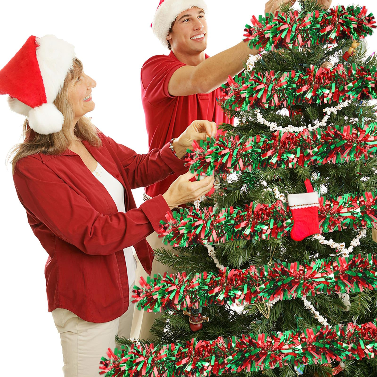 MARFOREVER 3 Pcs Christmas Tinsel Garland Tree Decoration Red Green Metallic Tinsel Twist Garland Hanging Supplies for Christmas Holidays New Year Party Indoor Outdoor Home Wall Decor 19.7 Feet - Image 2