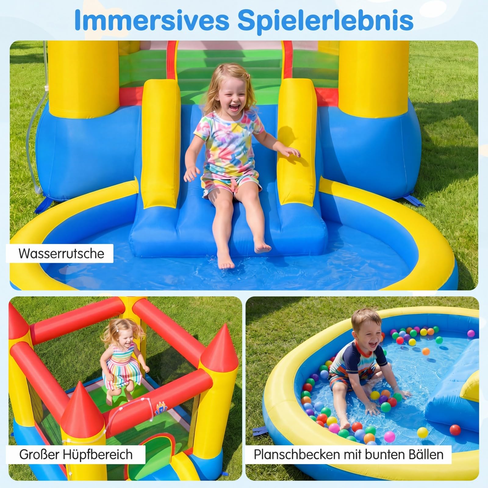 COSTWAY Hüpfburg mit Rutsche, Sprungbereich & Planschbecken, Bouncy Castle für Kinder, Innen- und Außenbereich, 362 x 196,5 x 193 cm