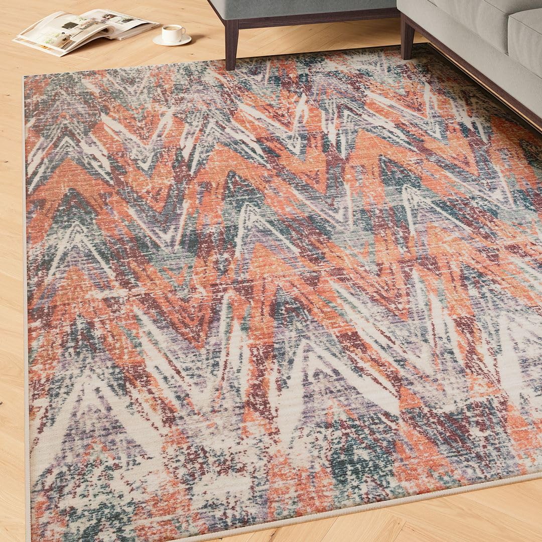 Machine Washable Multicoloured Cotton Rugs Colourful Modern Stain Resistant Liquid Repellent Living Area Bedroom Rug 120cm x 170cm (3ft 11" x 5ft 7")