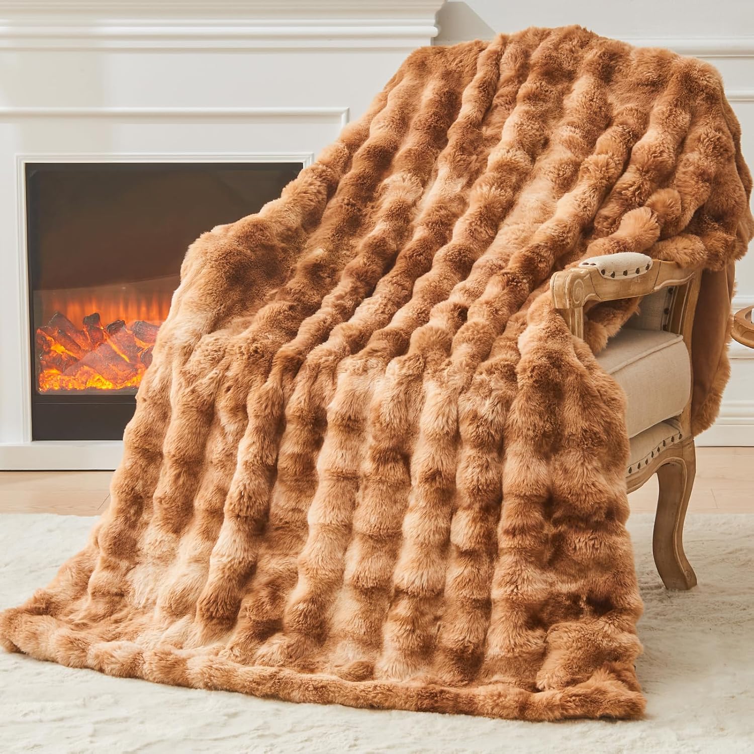 emme faux fur blanket twin size tie dye brown - big bubble rabbit cozy blanket for couch, thick furry plush shaggy blankets, 650gsm, 60x80 inches fur dye taupe twin