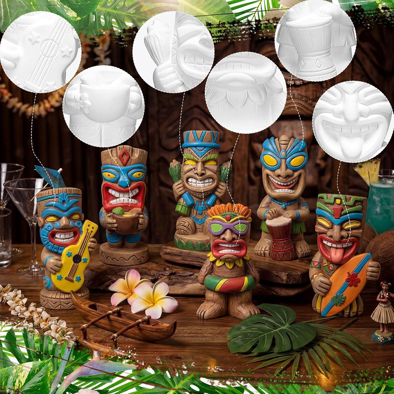 Eersida 6 Sets Tiki Statue Ceramics to Paint Hawaii Ready to Paint Your Own Ceramic Tiki Statues DIY Unpainted Ceramics Paintable Figurines Crafts with Brush Palette for Tropical Hawaiian Luau Party