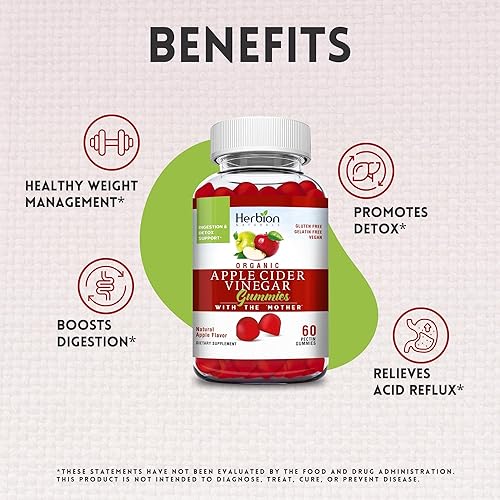 Miniatura 5 de Herbion Naturals Gomitas orgánicas de vinagre de sidra de manzana con la madre, apoya el control saludable del peso, la digestión y la