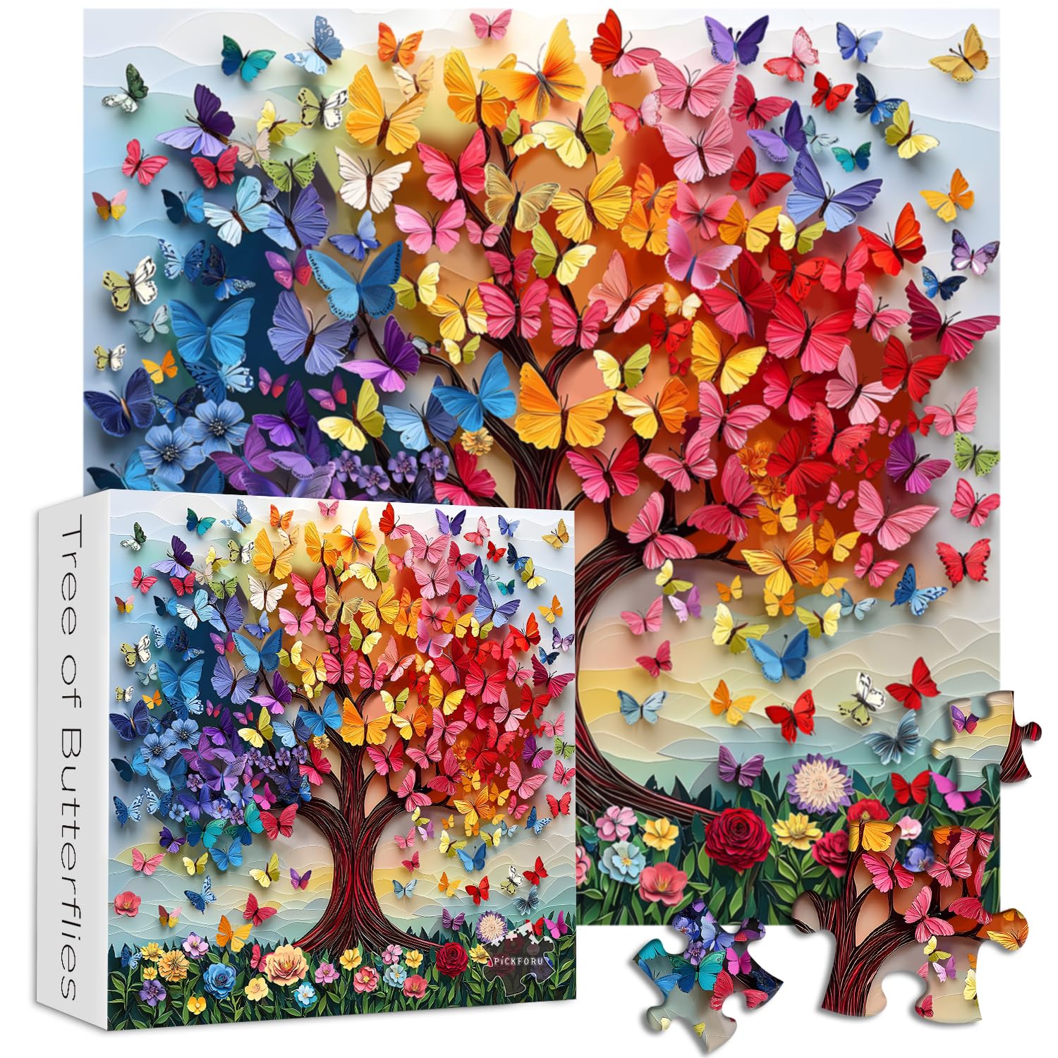 Rompecabezas coloridos de mariposa para adultos, 1000 piezas, árbol de la vida, rompecabezas floral arcoíris, tema único de arte de flores de primavera como decoración del hogar 2