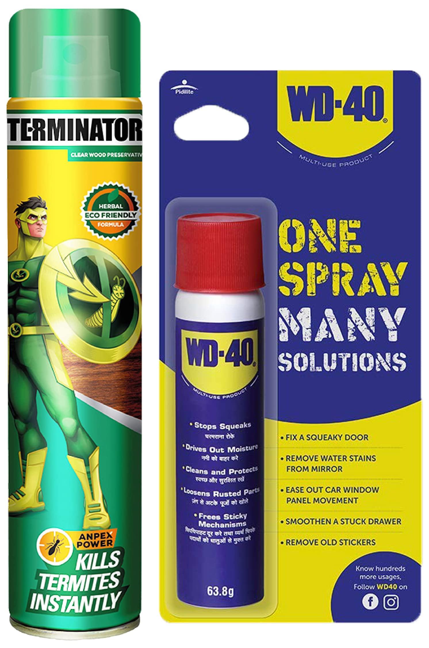 Pidilite WD-40, Multipurpose Spray for Home Improvement, Loosens Stuck & Rust Parts, Removes Stain & Sticky Residue, 63.8g+Terminator Eco-Friendly Termite Killer (320 Ml) (B09HMVYM9W) Amazon Price History, Amazon Price Tracker