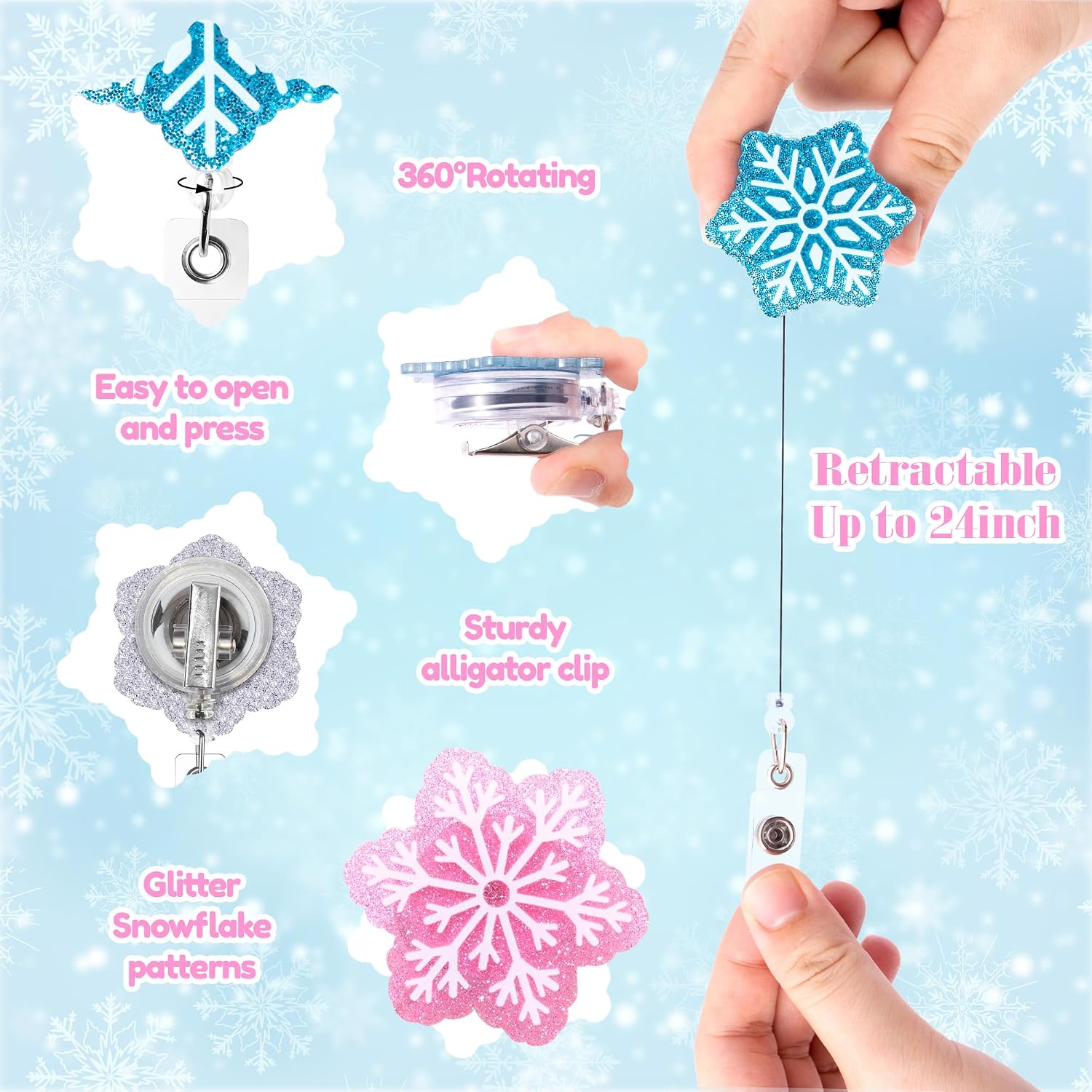 ANGOLIO Winter Snowflake Badge Reel - 6Pcs Retractable Glitter Acrylic Cute Badge Holders Christmas Winter Holiday Snowflake ID Holder Reels Clip for Nurse Doctor Teacher Student Women Office Supplies