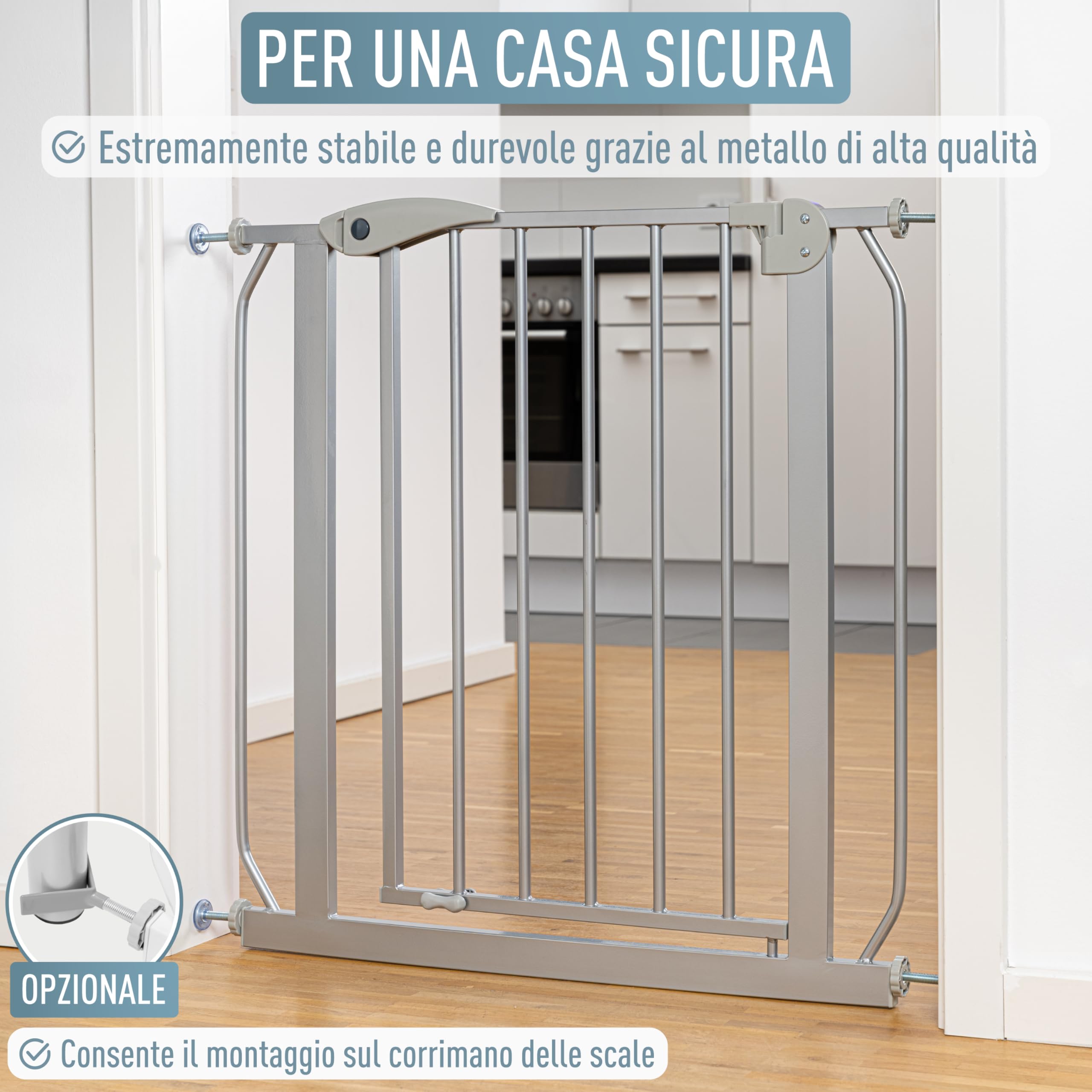 ib style Cancelletto per Bambini di Sicurezza Berrin - Scale e Porte, Senza forature, Metallo, 90° Stop, Anche per Cani e Animali Domestici, Grigio, Larghezza: 75-85 cm