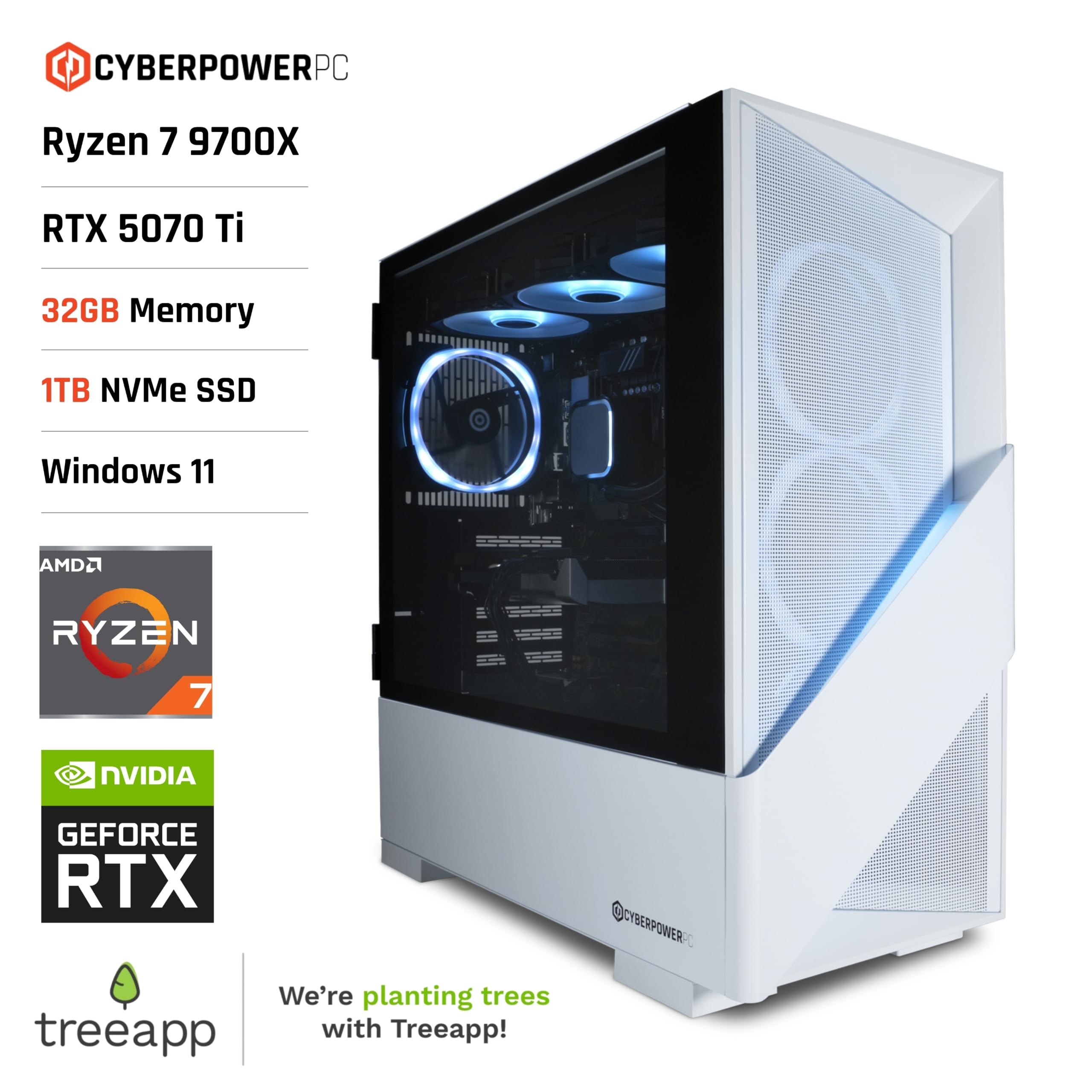 CyberPowerPC Luxe Gaming PC - AMD Ryzen 7 9700X, Nvidia RTX 5070 Ti, 32GB RAM, 1TB NVMe SSD, 750W PSU, Windows 11, Liquid Cooling, Amethyst 360M Airflow White