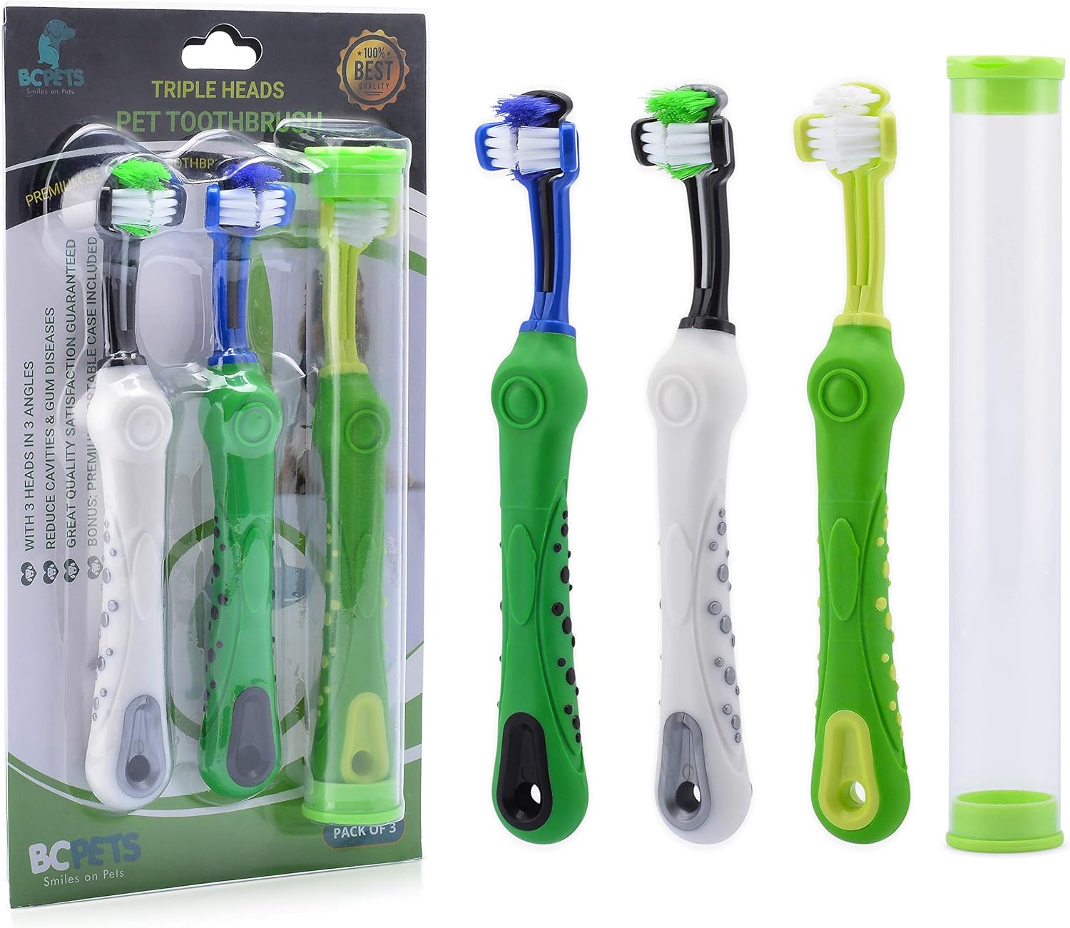 BC Pets - Premium 3-Sided Dog Toothbrush Set - Three Sided Pet Tooth Brush 3 Pack for Dogs and Cats - Ergonomic Toothbrush for Teeth Cleaning - Canine Toothbrush Kit for Dental Care with Travel Case : Pet Supplies