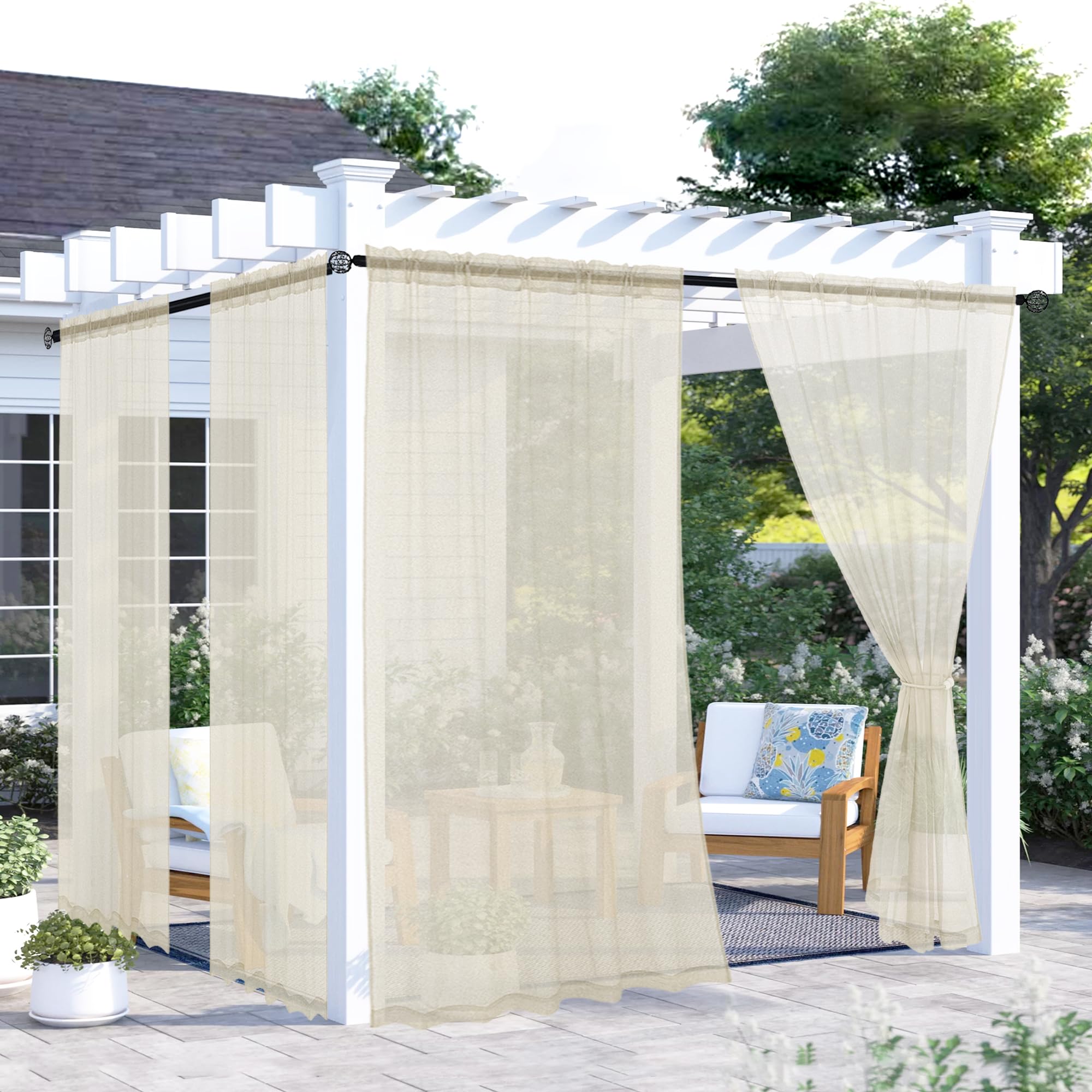 youleyar Outdoor Sheer Curtains for Patio Waterproof - 4 Panels Linen Look Rod Pocket Curtain Light Filtering Outside Drapes for Living Room, Pergola,