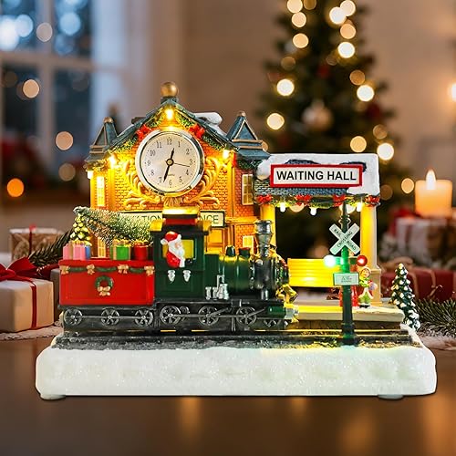 Miniatura 6 de WONDER GARDEN Casas de pueblo de Navidad, casas de Navidad, estación de tren musical iluminada, edificios coleccionables con tren en movimiento para