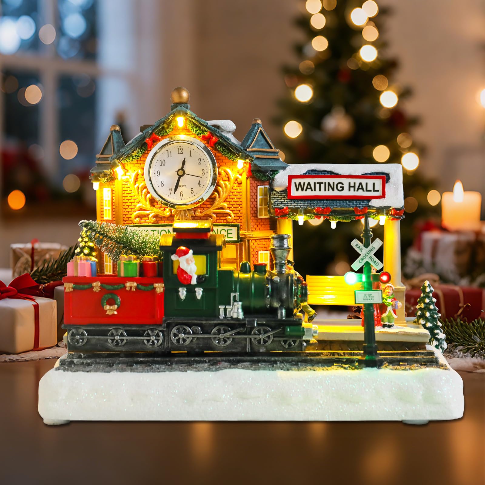WONDER GARDEN Weihnachtshäuser, Weihnachtsdorfhaus, Dorf, beleuchtete Musik-Bahnhofs-Sammelgebäude mit beweglichem Zug, für Zuhause, Innendekoration oder Geschenk