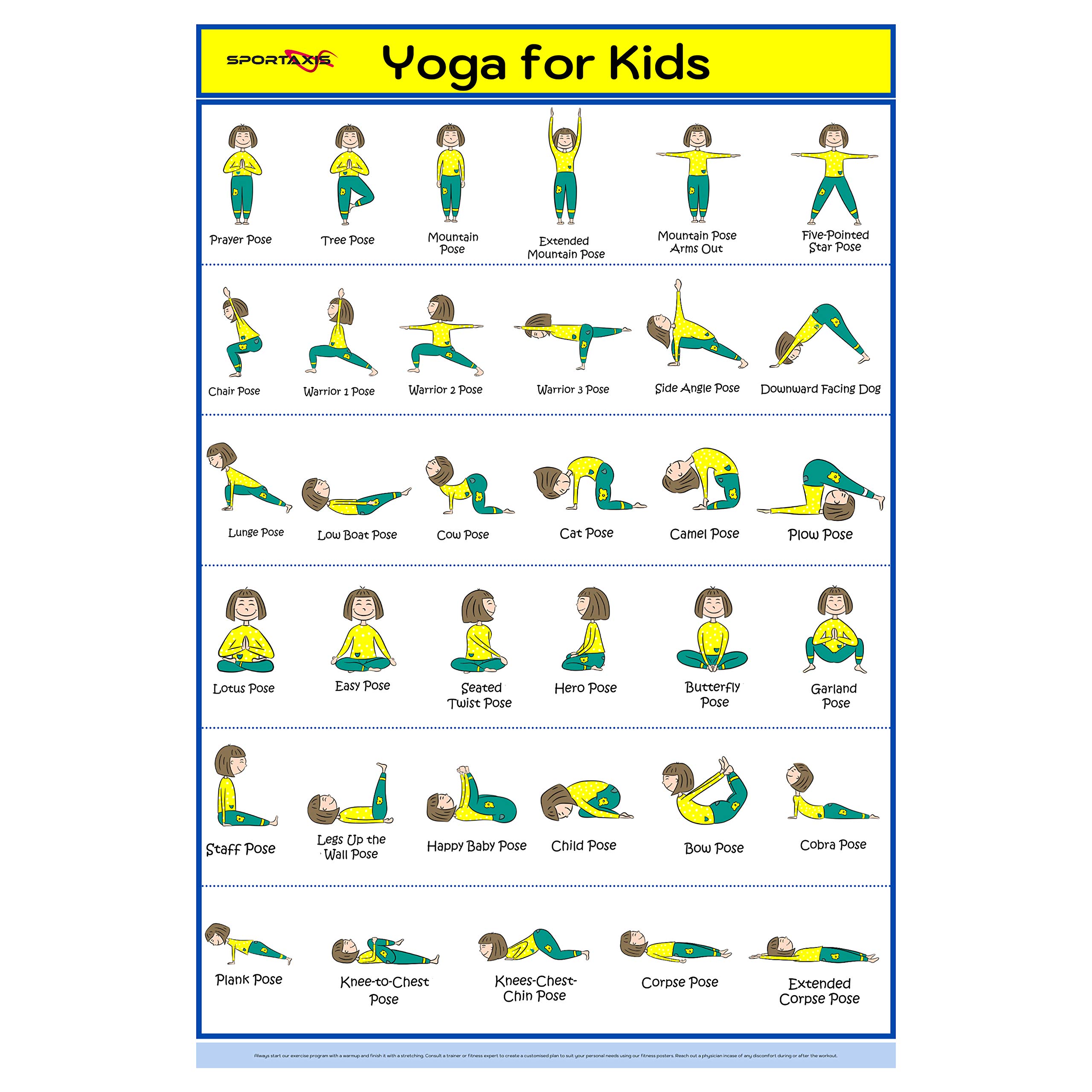 SPORTAXIS Kids Yoga Poster With Cute Illustrations - Toddler And Kids Yoga Exercises - 18X27