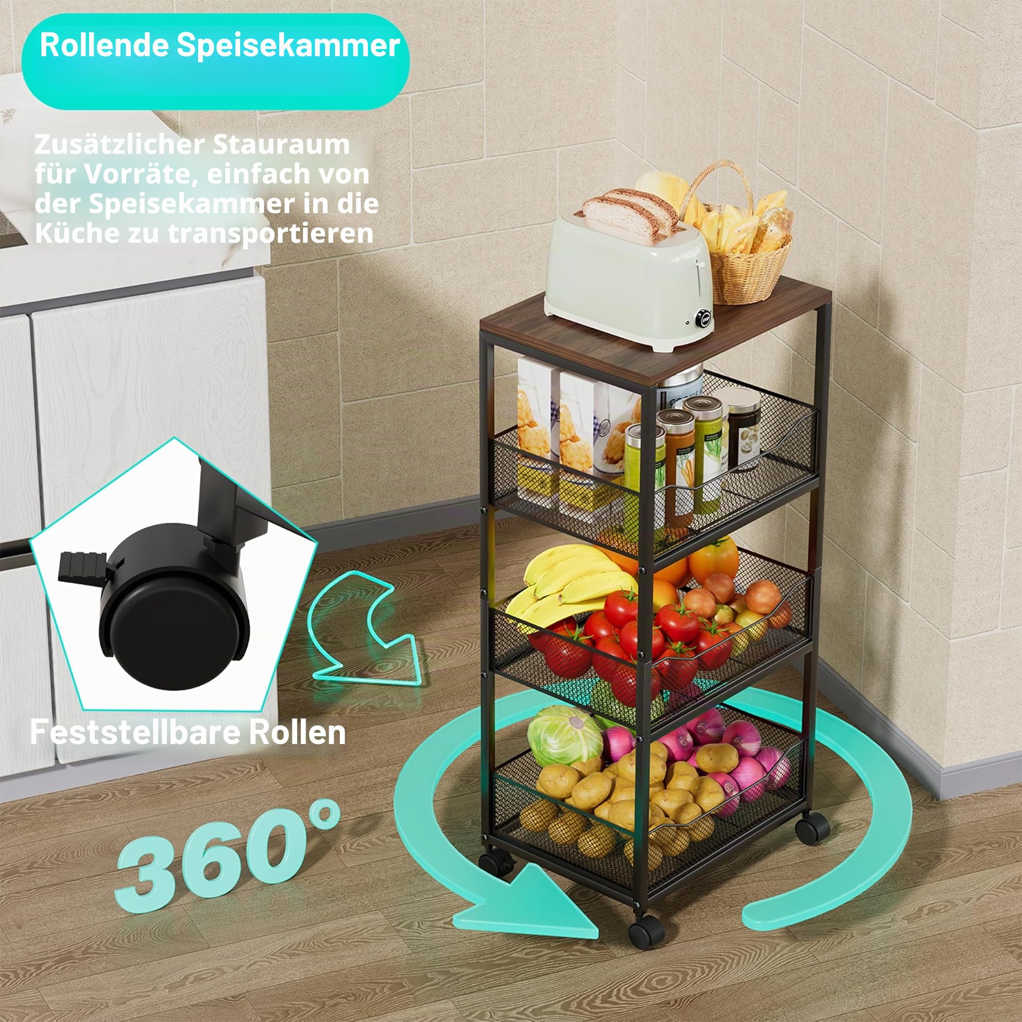 HapiRm Gemüsewagen Obstregal Küche Gemüseregal - 4-stöckiges Obstkorb Küchenwagen mit Rädern, Obstwagen für Küche mit Holzplatte, Obst Gemüse Aufbewahrung für Kartoffel, Zwiebel, Gemüsebrot, Snack