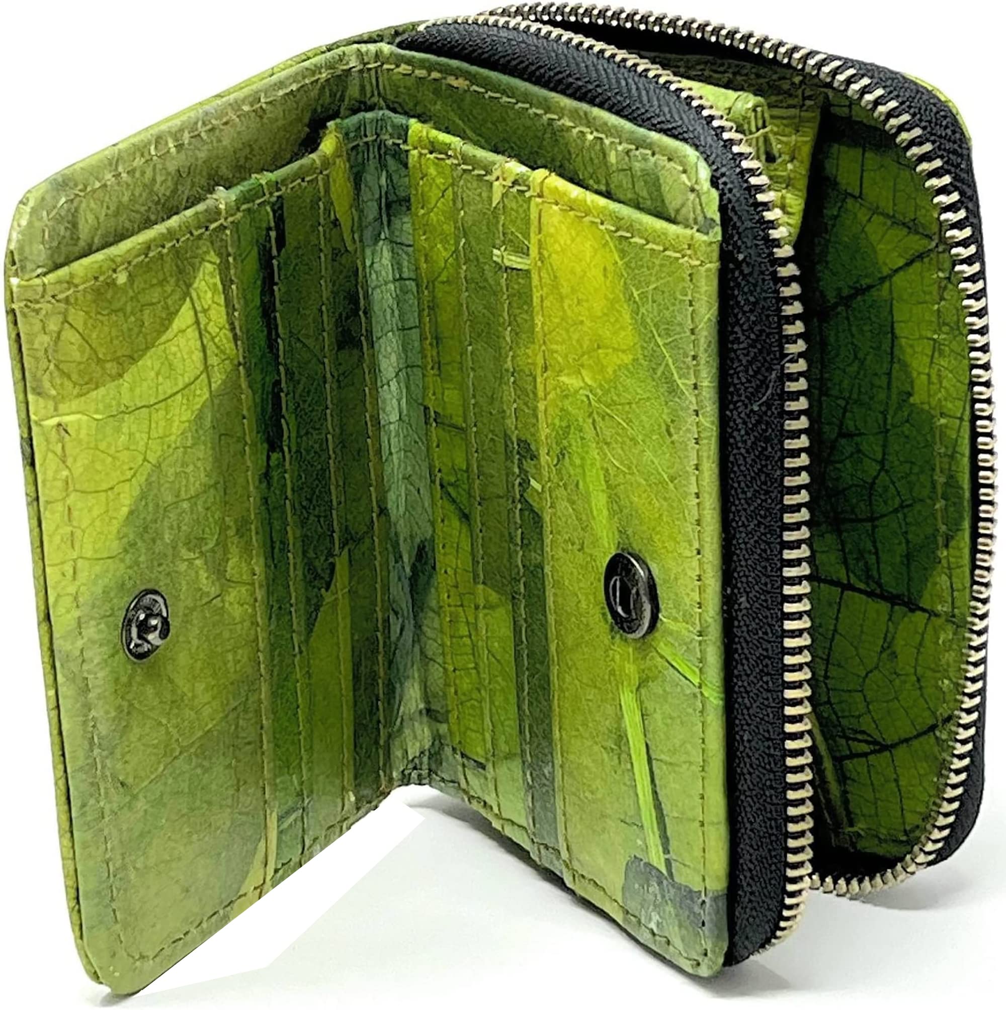 Portafoglio in foglie di teak, un'alternativa in pelle vegana e sostenibile, portafogli con molti scomparti apribili con chiusura lampo, verde, 12x9x3cm, Casual