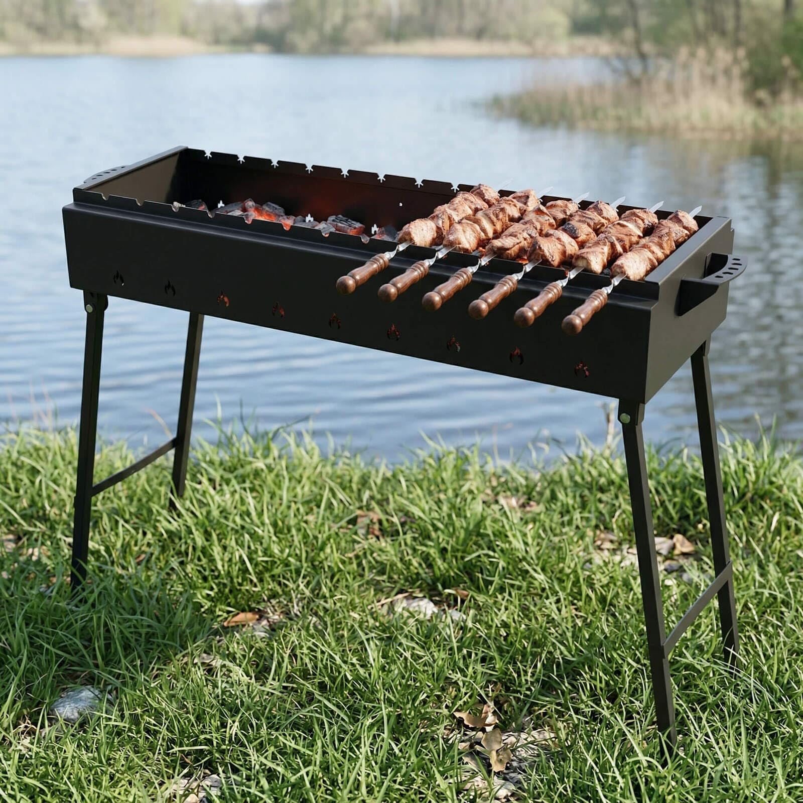 Set aus 11 Schaschlikspießen mit Tasche Kebab Schampura Grillspieße aus Edelstahl Fleischspieße BBQ Lagerfeuer Spieße