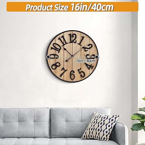 Miniatura 3 de Reloj de pared grande de 16 pulgadas, reloj de pared silencioso de metal estilo madera, funciona con pilas para decoración de sala de estar, reloj