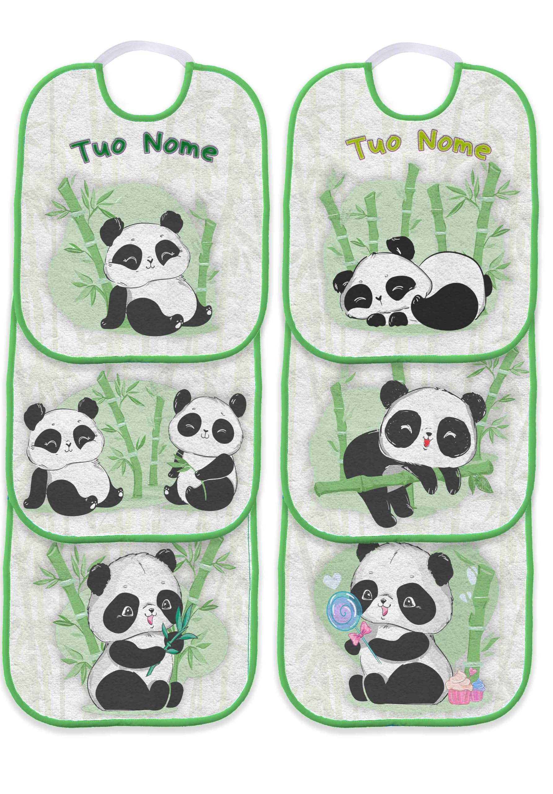 Set Asilo bavaglini personalizzato con nome Tema Panda bambù a scelta bavaglini con elastico, sacca o asciugamano