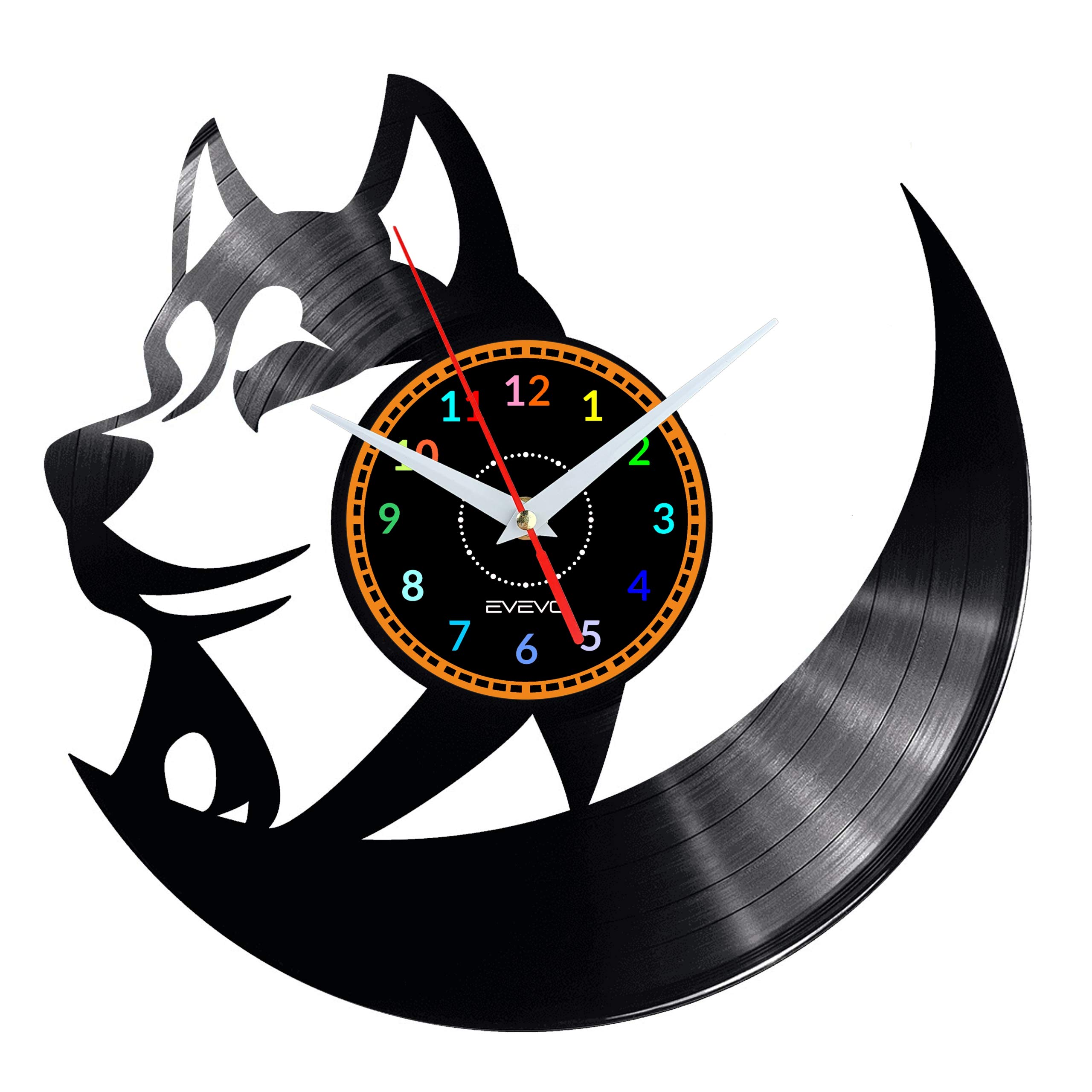 Horloge murale loup au design moderne en disque vinyle découpé modèle EVEVO W0019