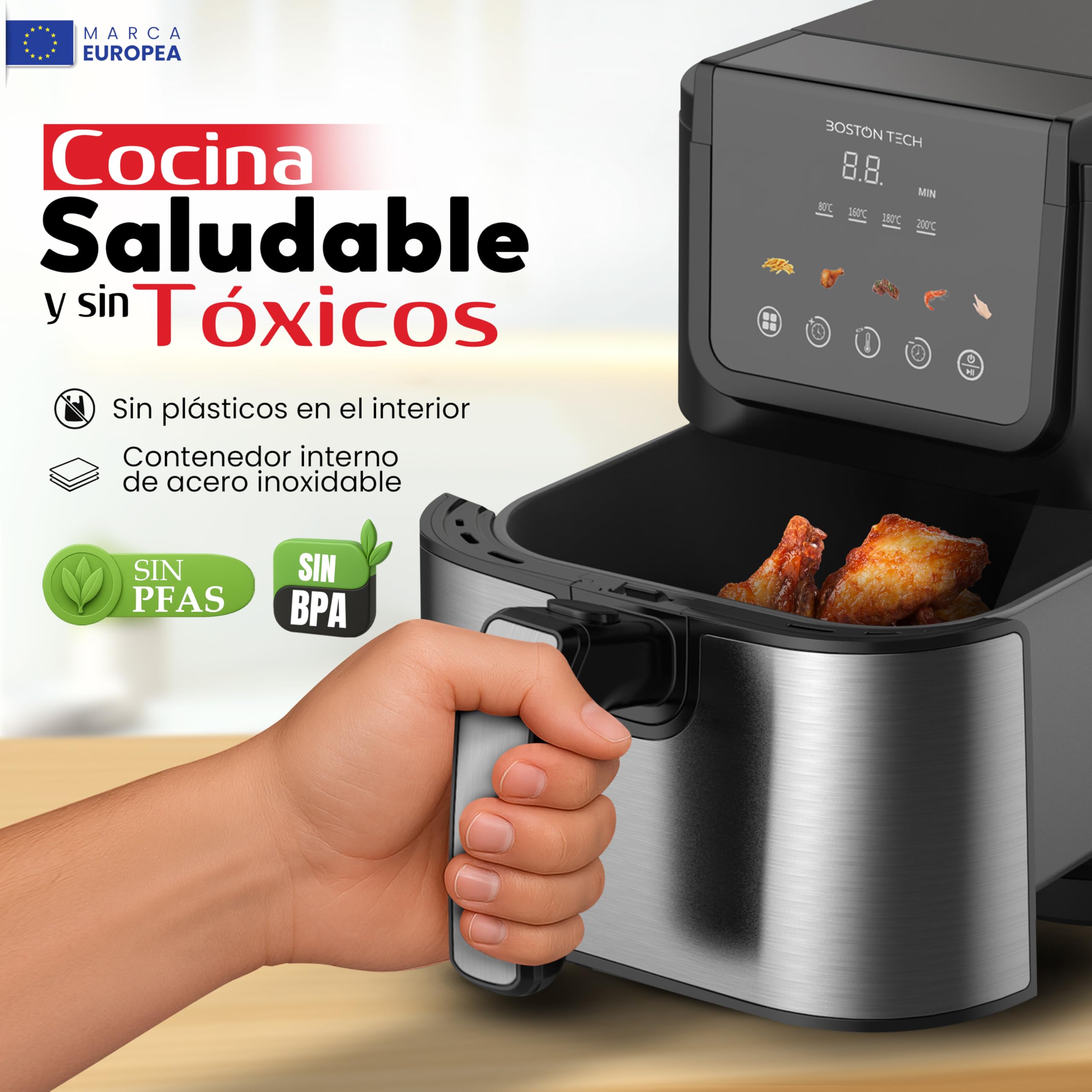 Boston Tech Freidora de Aire Master Fryer 5L, 1500W, 5 Programas, Pantalla LED, Control Táctil, Temperatura Ajustable, Cesta Antiadherente, Temporizador, Incluye Recetario, Acero Inoxidable