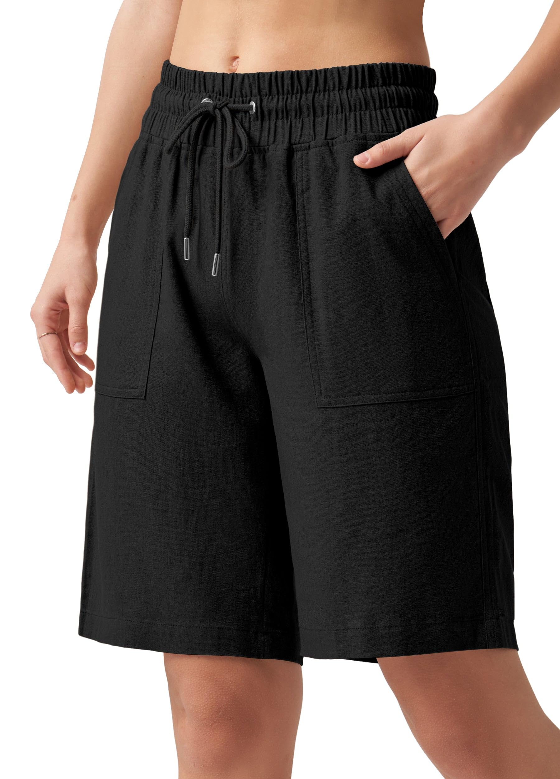 WILLIT Shorts Damen Leinen Shorts Freizeit Bermuda Kurze Hose knielange High Waist Bequeme Sommershorts mit Taschen 10“