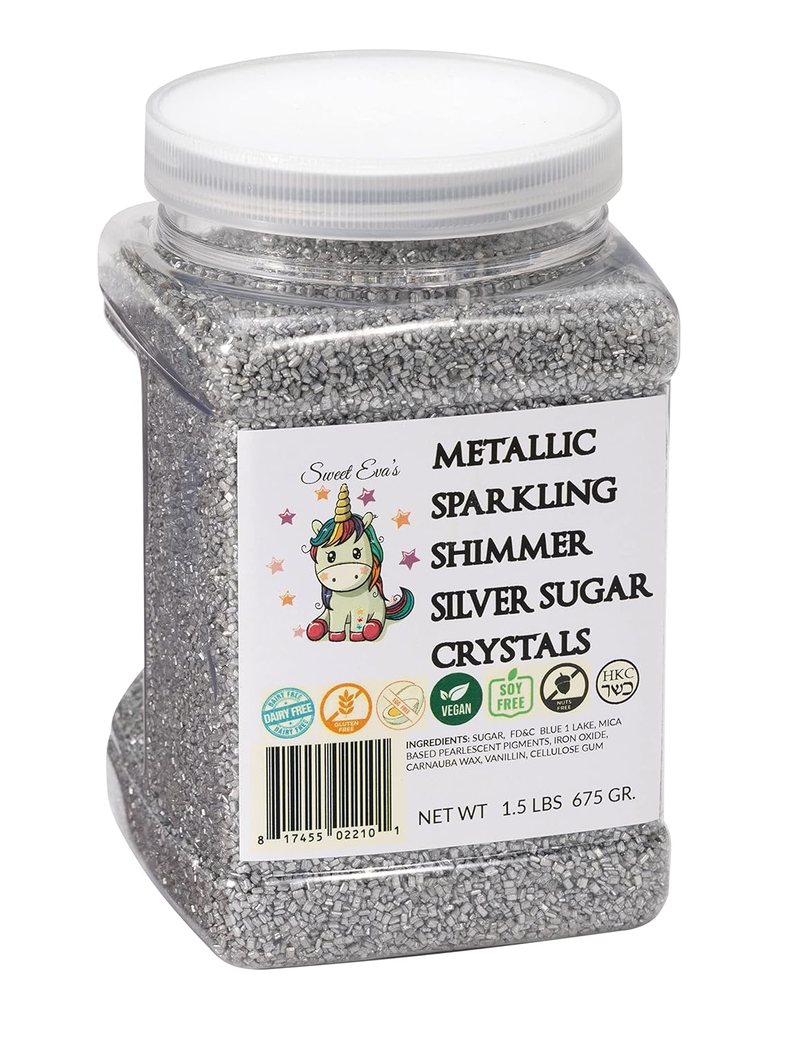 METALLIC SPARKLING SHIMMER SILVER SUGAR CRYSTALS - Dairy Free,Gluten Free,Egg Free,Vegan,Soy Free,Nuts Free,Kosher,Cookies,Cupcakes,Cakes,Decorating,Baking,Topping,Cocktail Sugar,Bulk Candy,Sprinkles