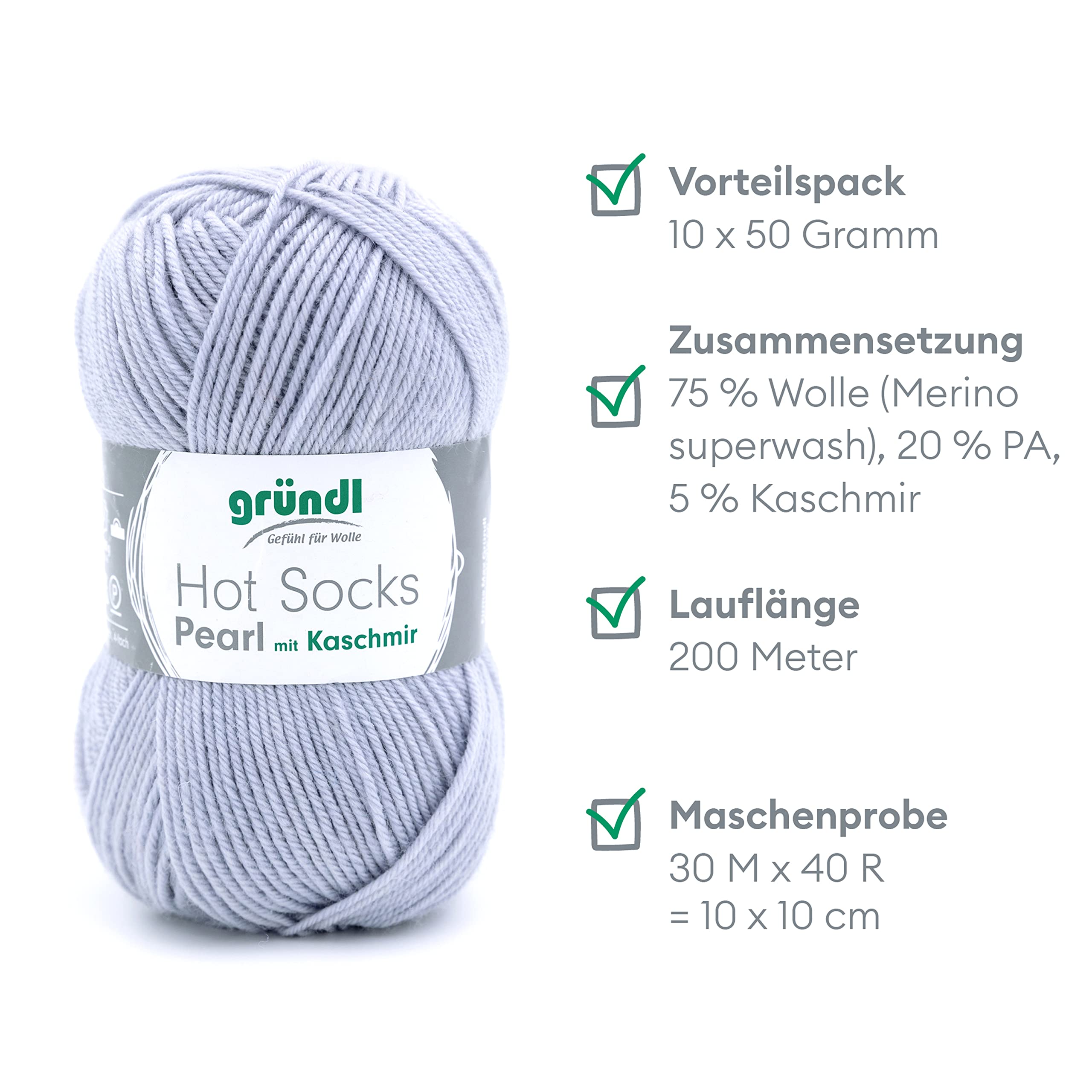 Gründl Hot Socks Pearl uni włóczka do robienia na drutach (przytulnie miękka wełna na skarpety z 75% wełny merynosów, 20% poliamid, 5% kaszmir, 50 g/200 m, grubość drutów: 2,5 – 3, 10 x 50 g),