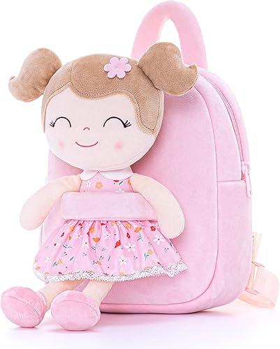 Gloveleya Kids Backpacks Girls Backpack Plush Bags Diaper Bag Backpack with Floral Doll Pink 9"